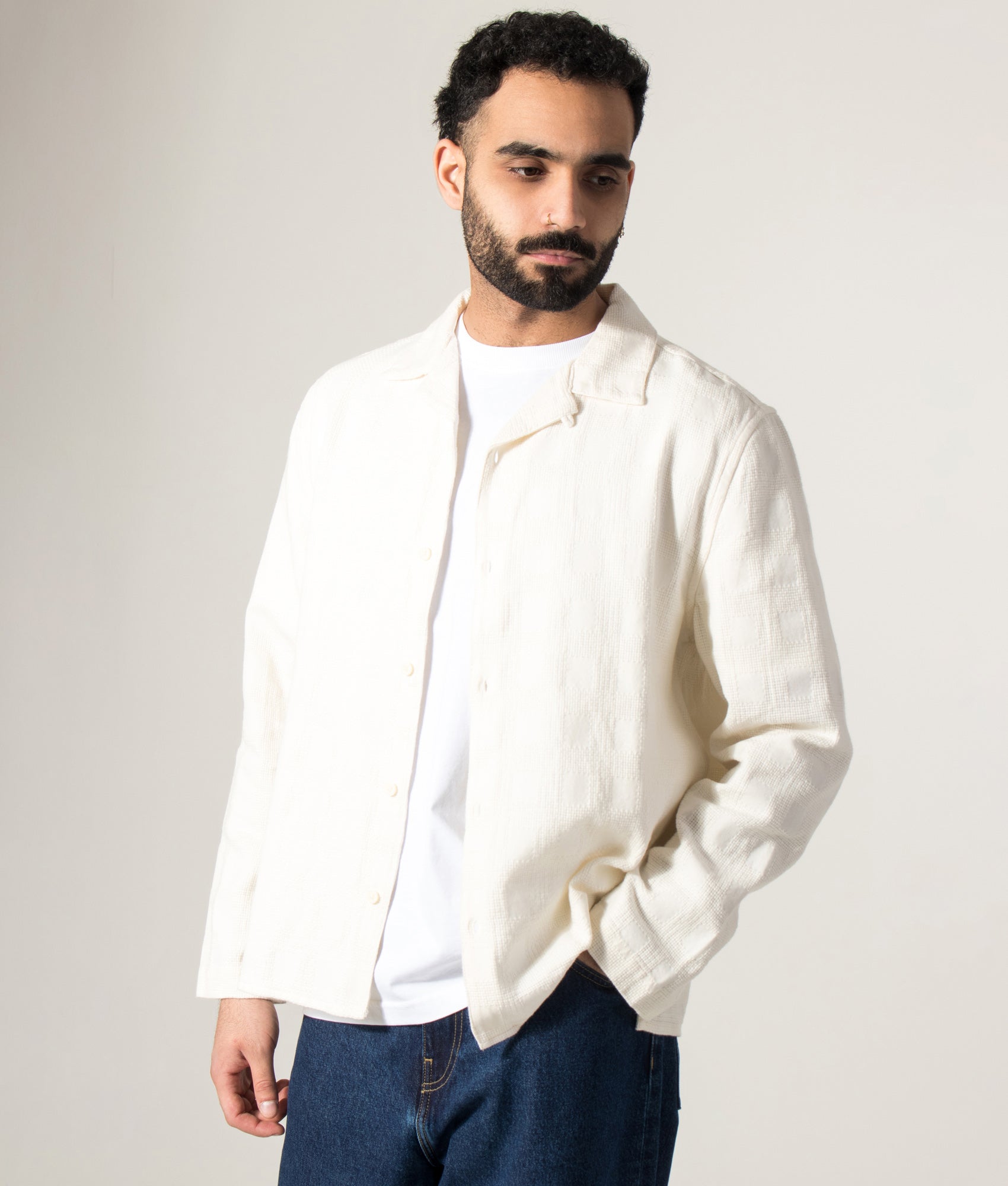 Wax London Corey Cotton Dobby Check Shirt in Off White at EQVVS Menswear. Model front shot.