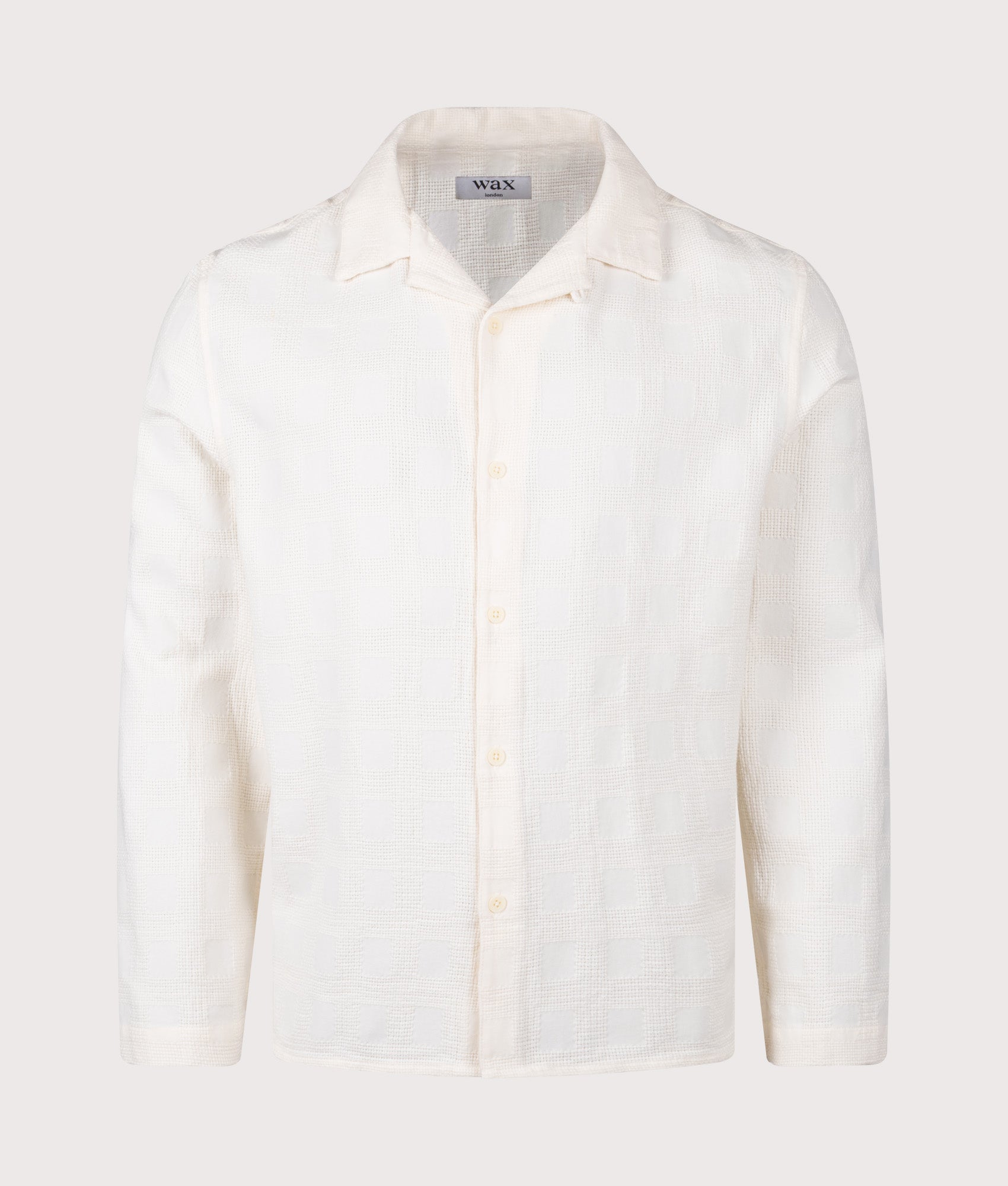 Wax London Corey Cotton Dobby Check Shirt in Off White at EQVVS Menswear. Front shot.