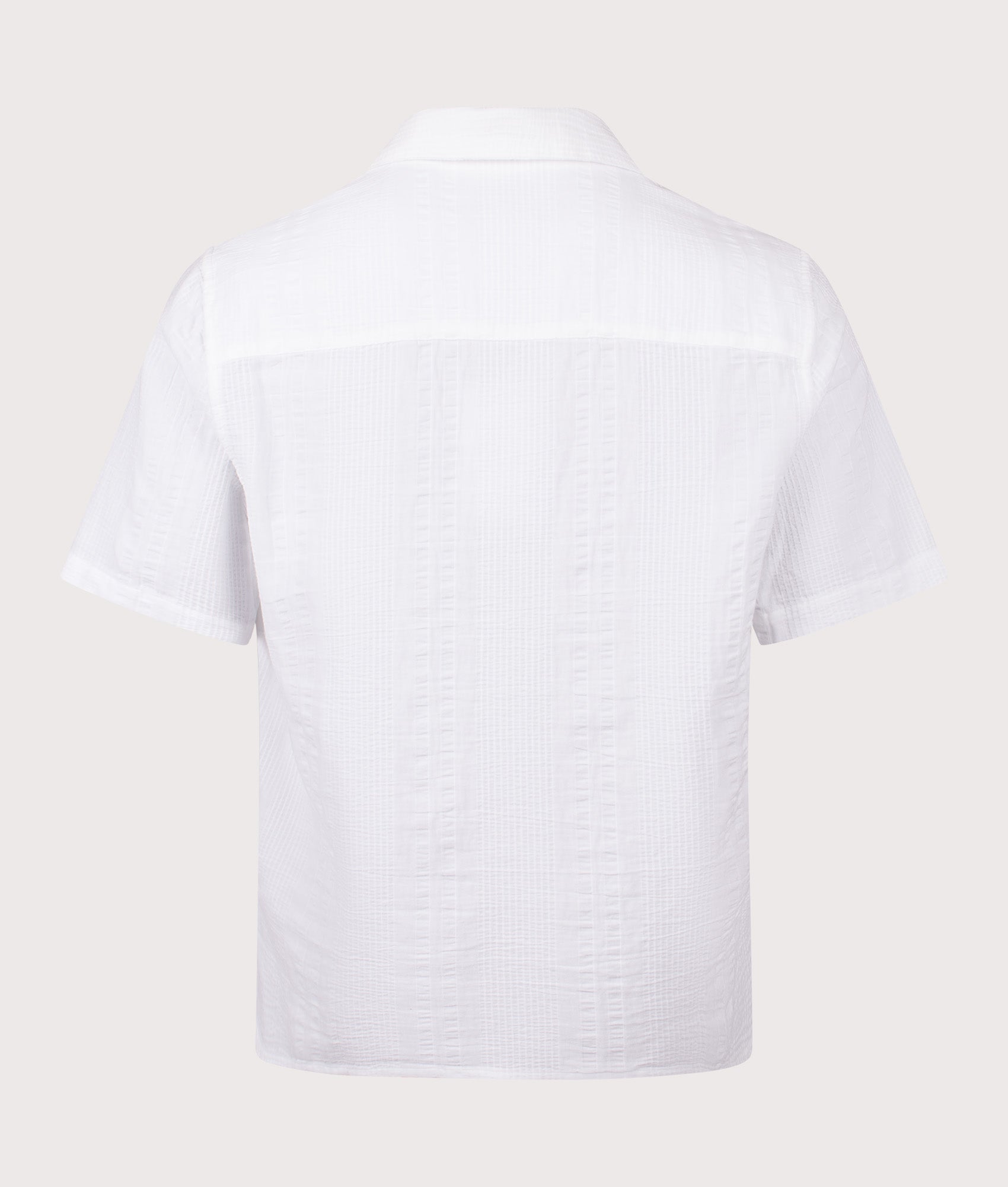 Wax London Didcot Double-Weave Seersucker Short Sleeve Shirt in Ecru at EQVVS Menswear. Back shot.