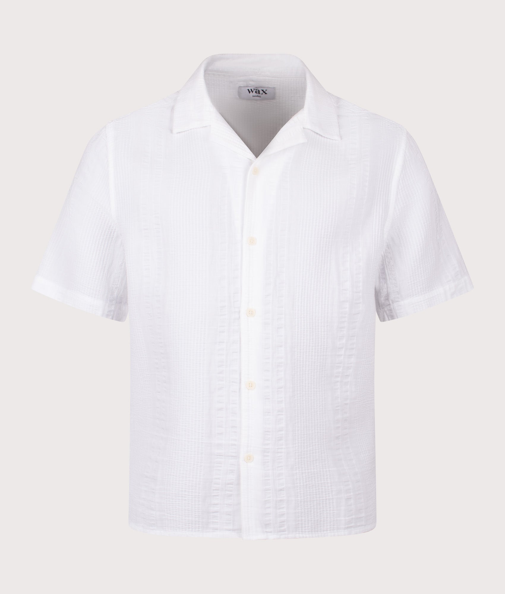 Wax London Didcot Double-Weave Seersucker Short Sleeve Shirt in Ecru at EQVVS Menswear. Front shot.
