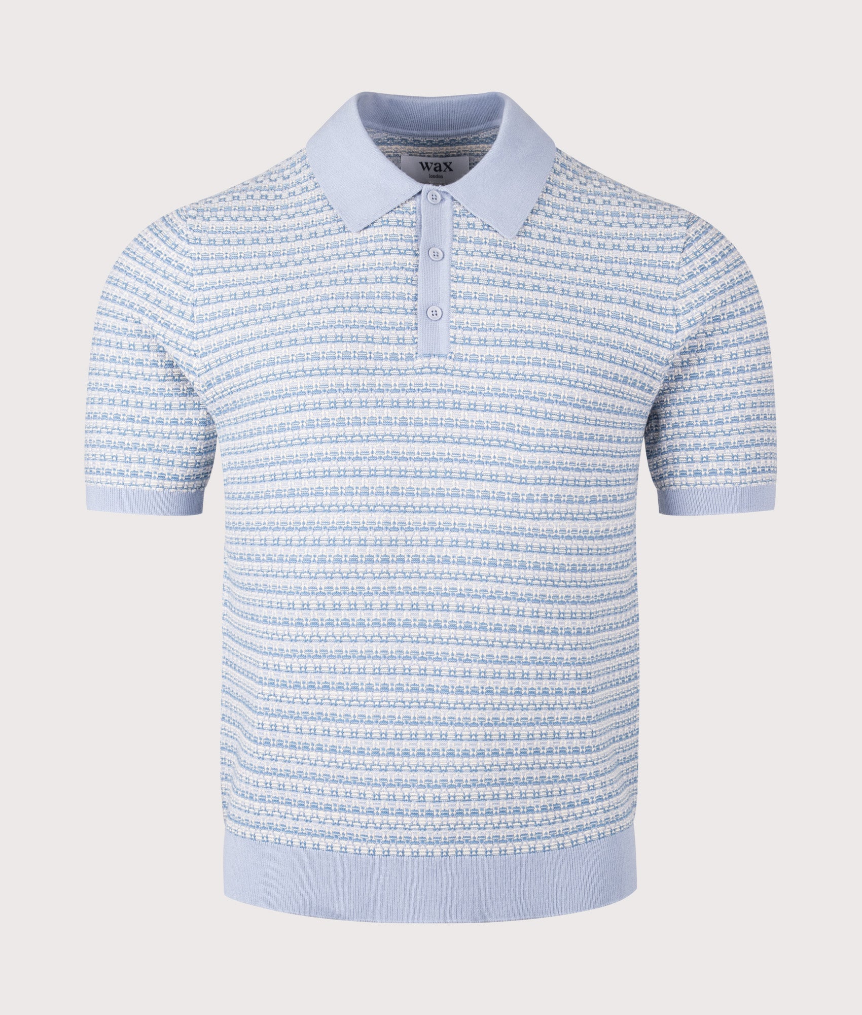 Wax London Naples Mini Geo Polo Shirt in Light Blue at EQVVS Menswear. Front shot.