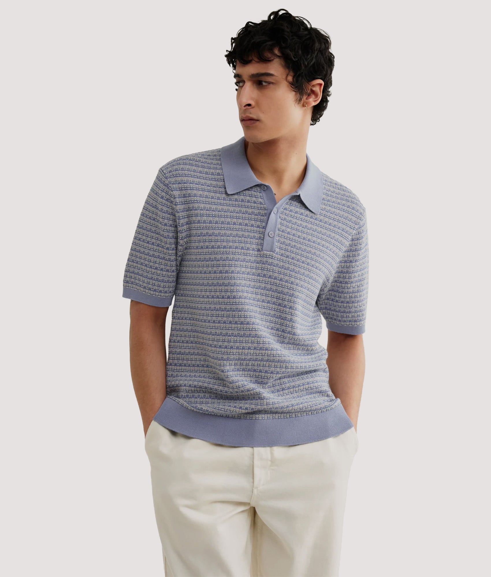 Wax London Naples Mini Geo Polo Shirt in Light Blue at EQVVS Menswear. Model shot.