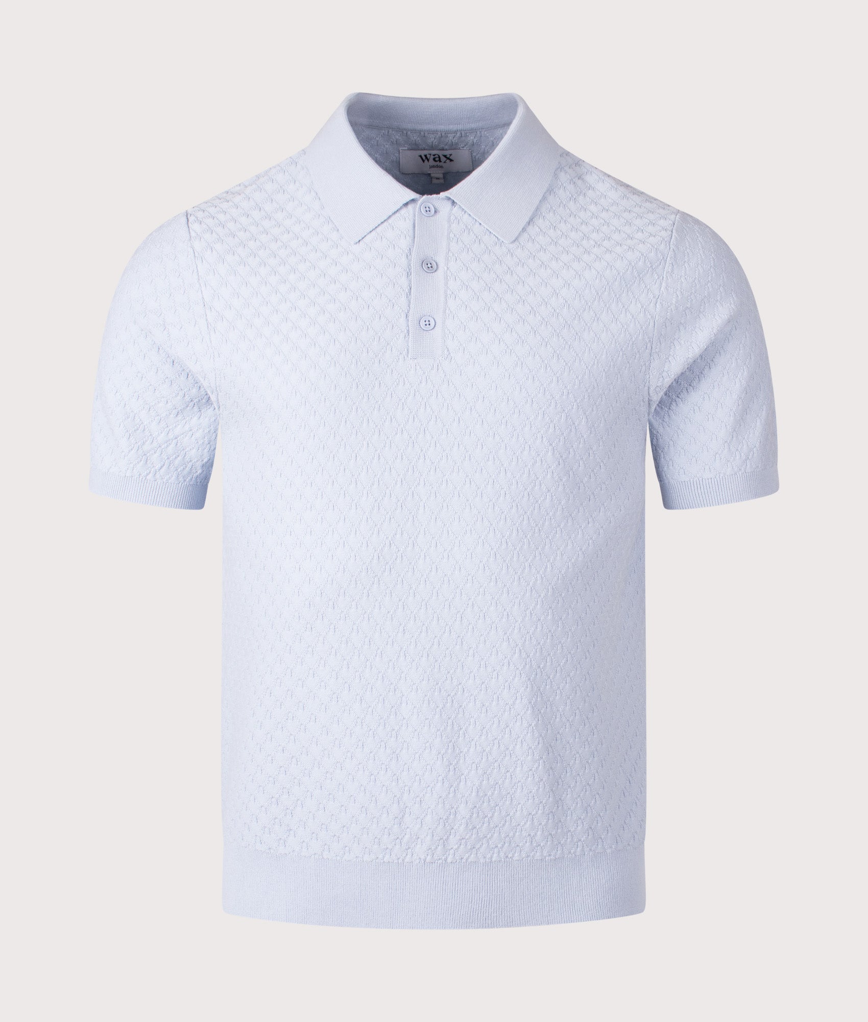 Wax London Naples Retro Diamond Polo Shirt in Pale Blue at EQVVS Menswear. Front shot.