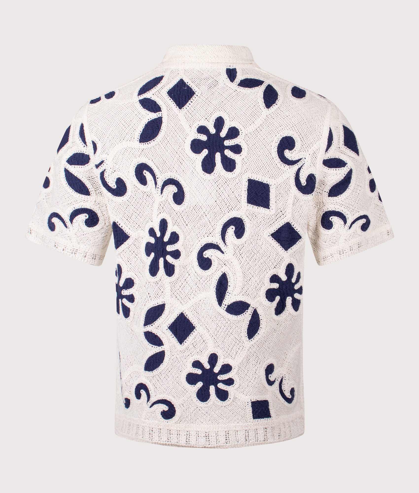 Wax London Porto Doodle Crochet Polo Shirt in Ecru/Dark Blue at EQVVS Menswear. Back shot.