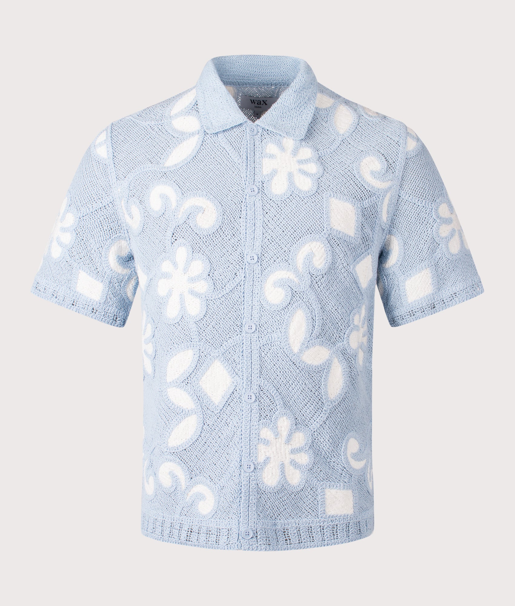Wax London Porto Doodle Crochet Polo Shirt in Pale Blue and Ecru at EQVVS Menswear. Front shot.