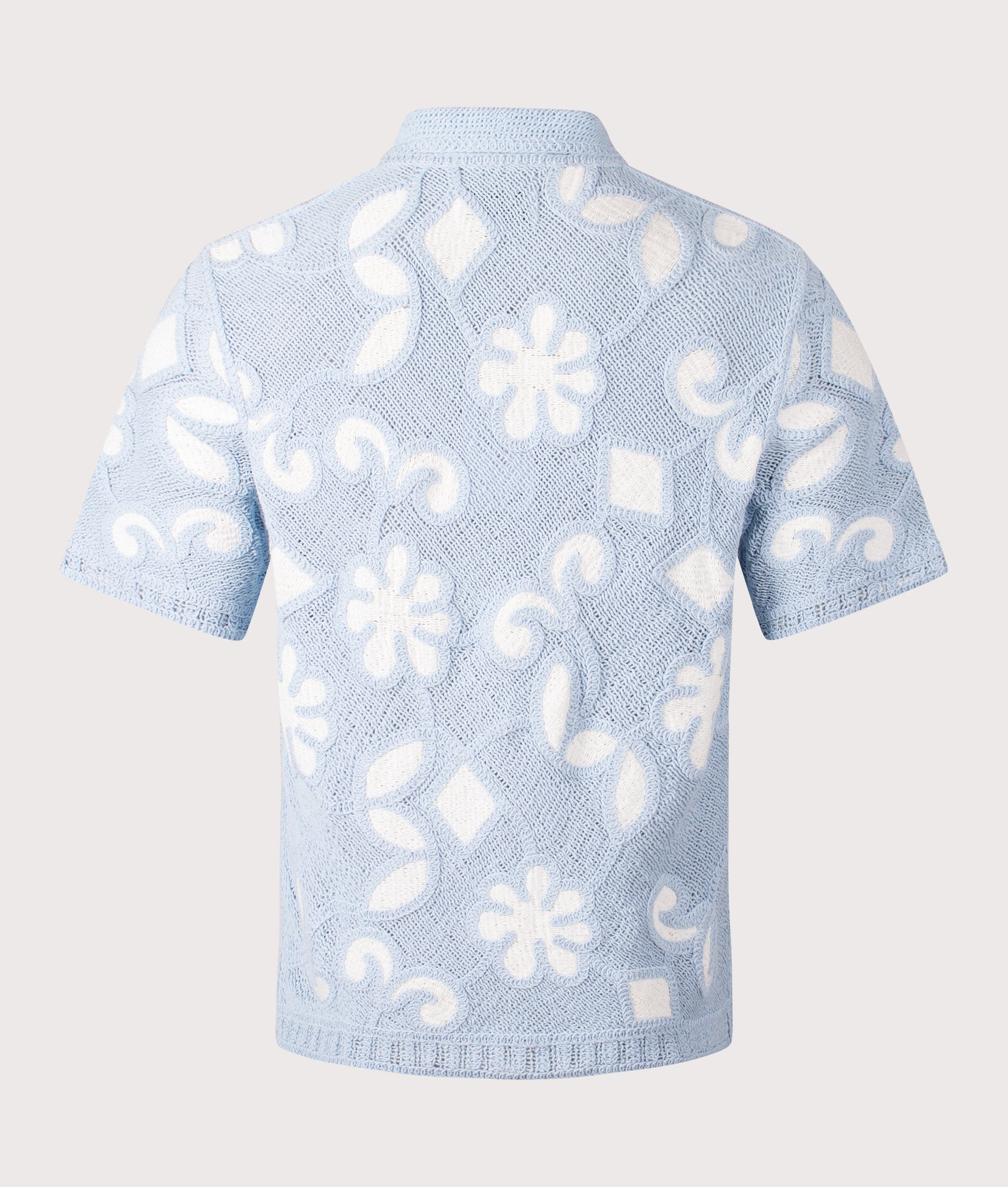 Wax London Porto Doodle Crochet Polo Shirt in Pale Blue and Ecru at EQVVS Menswear. Back shot.