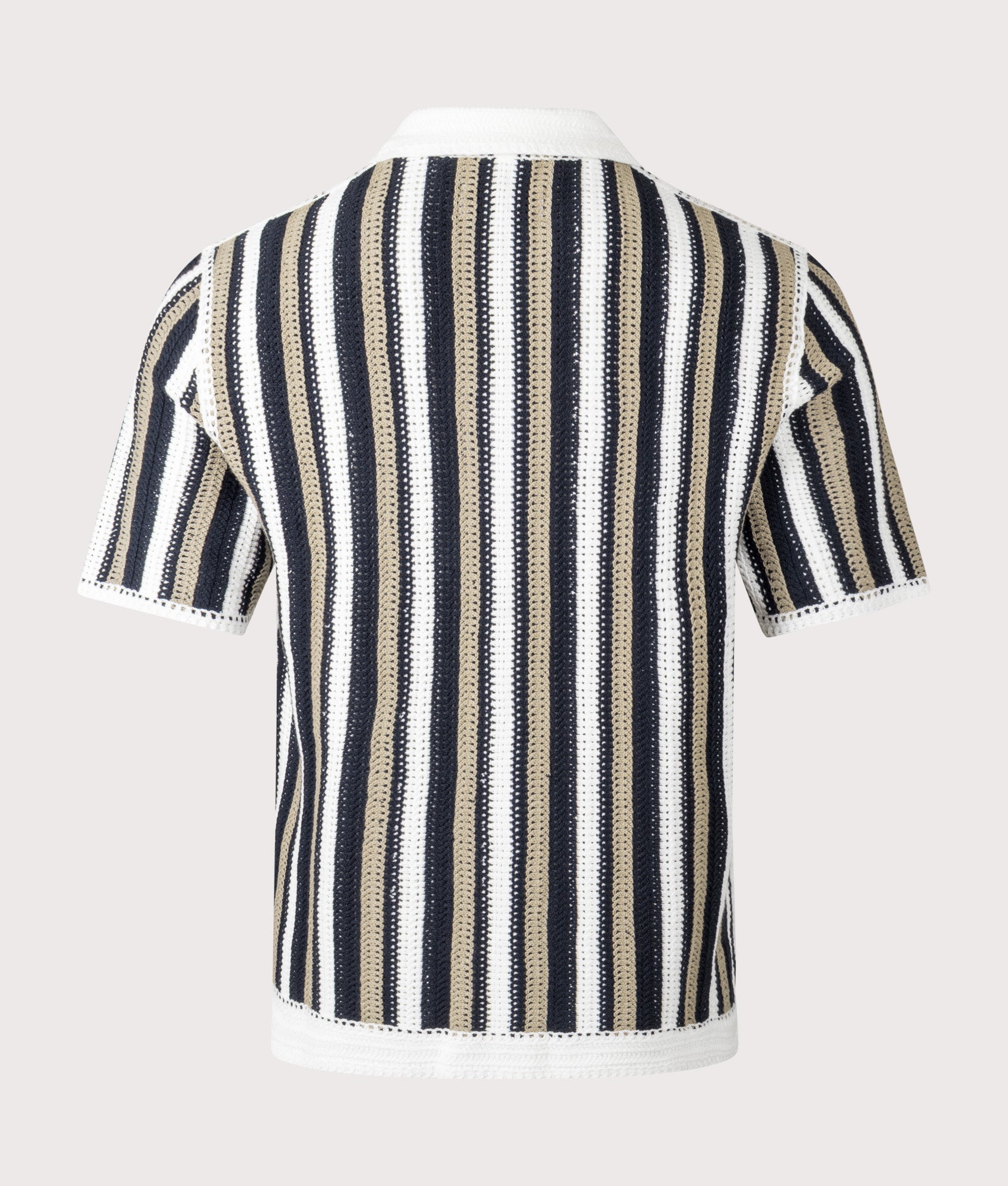 Wax London Porto Stripe Crochet Polo Shirt in Ecru and Black at EQVVS menswear. Back shot.
