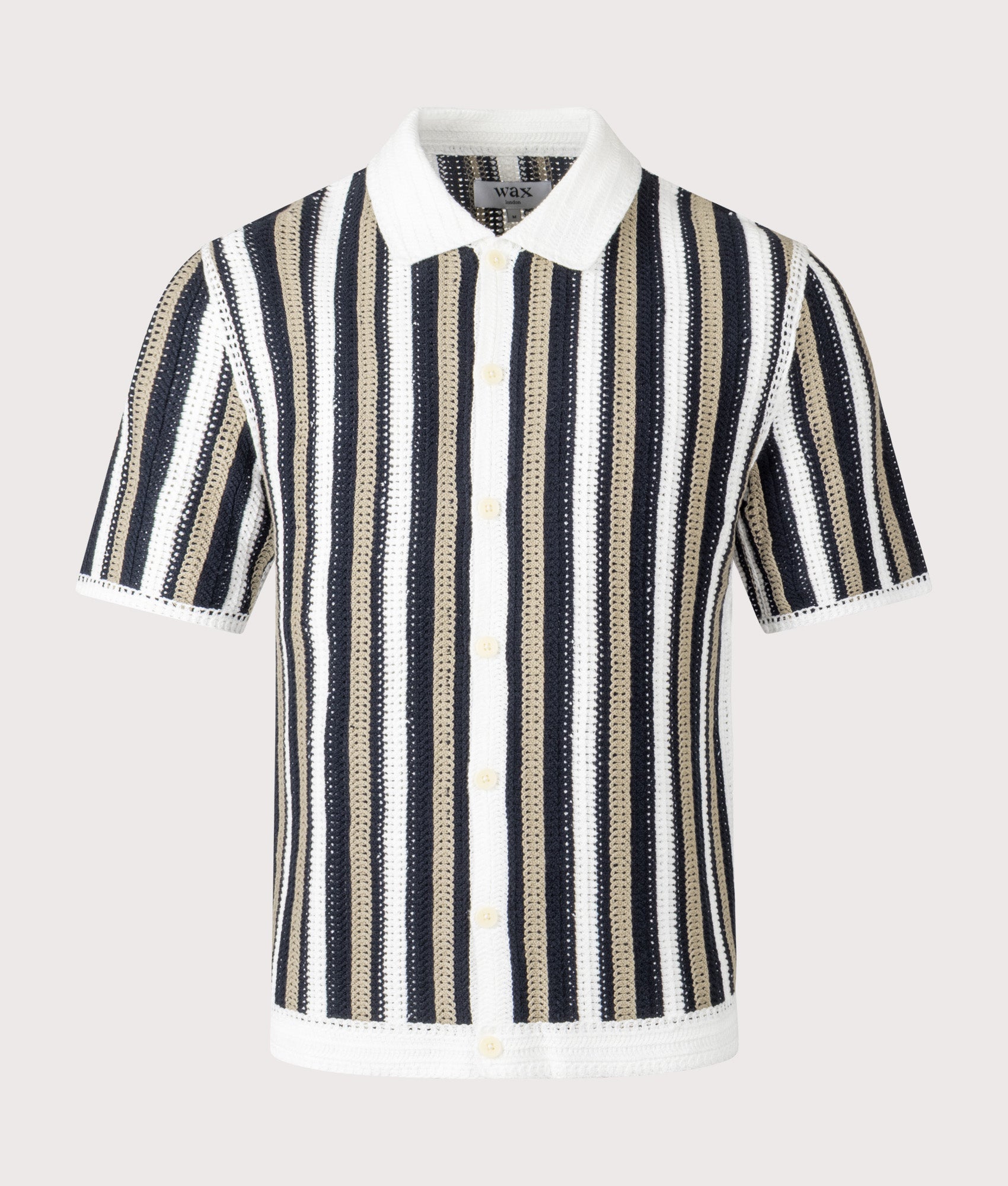 Wax London Porto Stripe Crochet Polo Shirt in Ecru and Black at EQVVS menswear. Front shot.