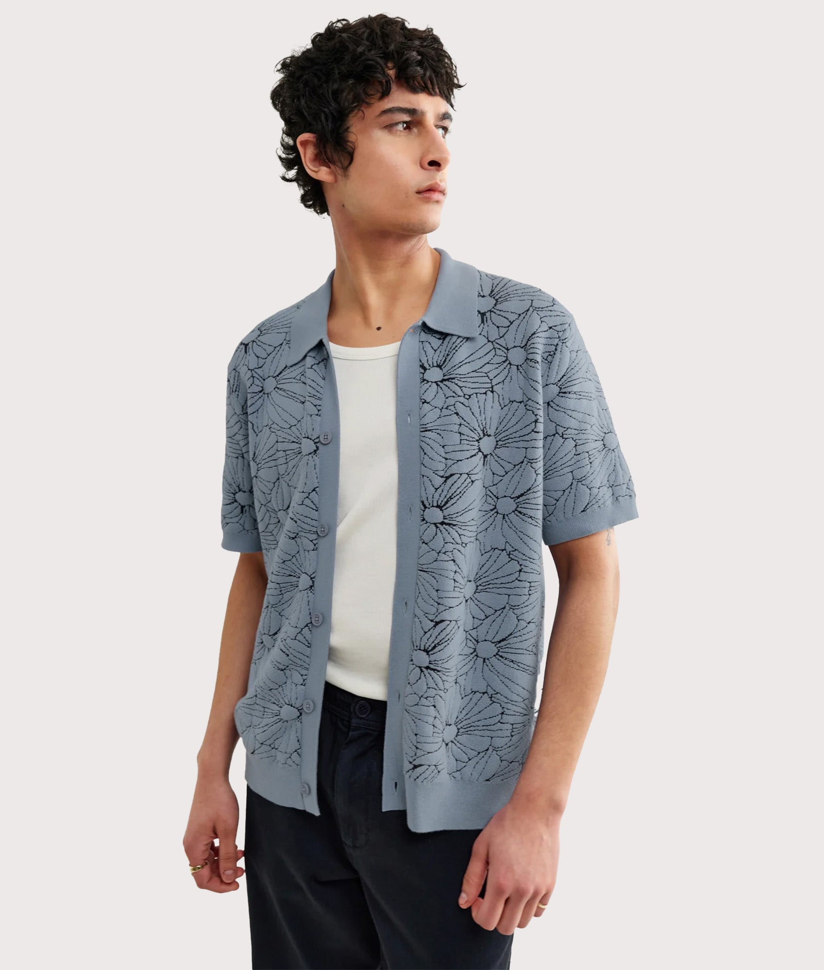 Wax london Tellaro Flower Jacquard Short Sleeve Shirt in Light Blue at EQVVS Menswear. Model front shot.
