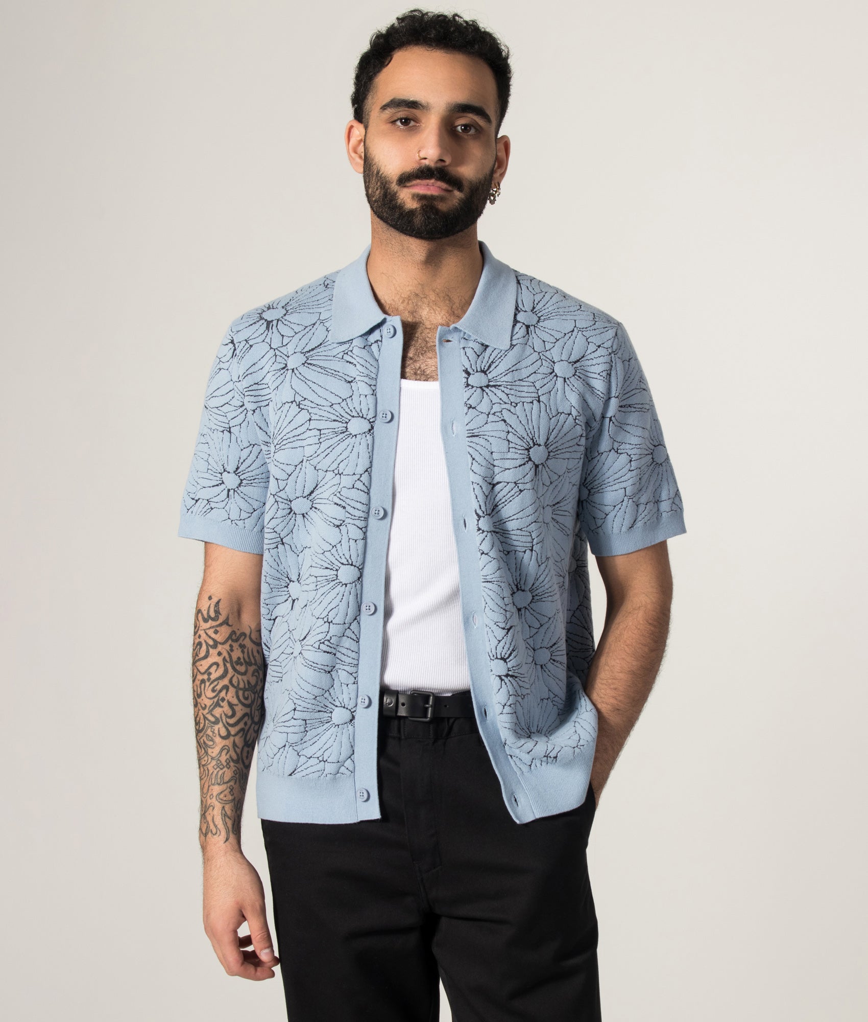 Wax london Tellaro Flower Jacquard Short Sleeve Shirt in Light Blue at EQVVS Menswear. Model unbuttoned shot.