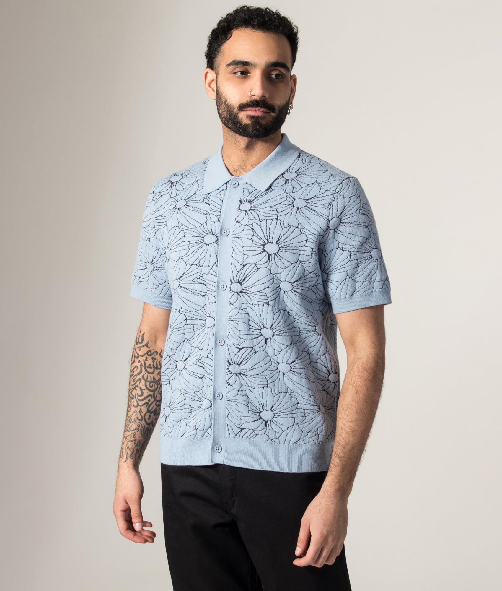 Wax london Tellaro Flower Jacquard Short Sleeve Shirt in Light Blue at EQVVS Menswear. Model front buttoned up shot.
