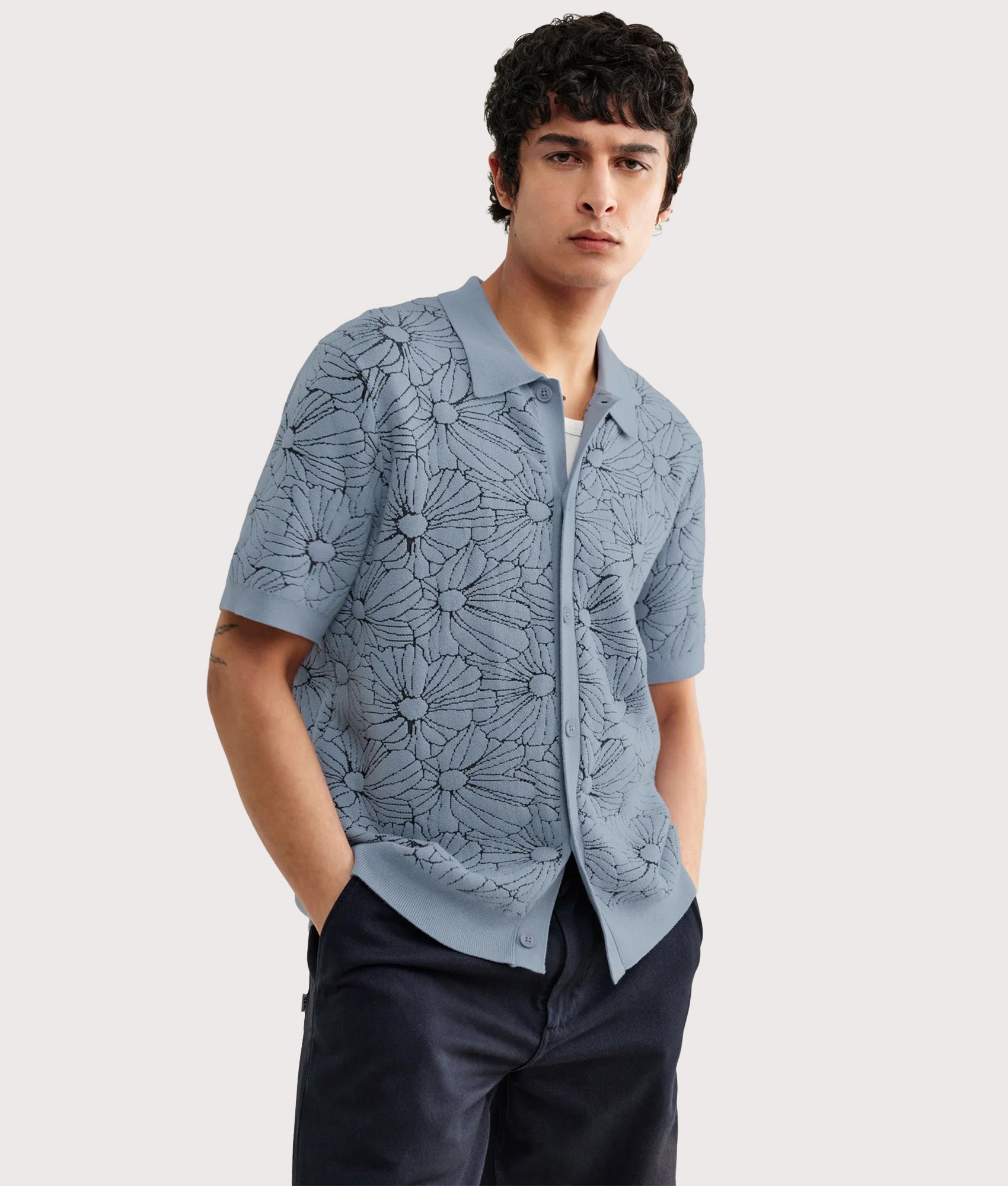 Wax london Tellaro Flower Jacquard Short Sleeve Shirt in Light Blue at EQVVS Menswear. Second model shot.
