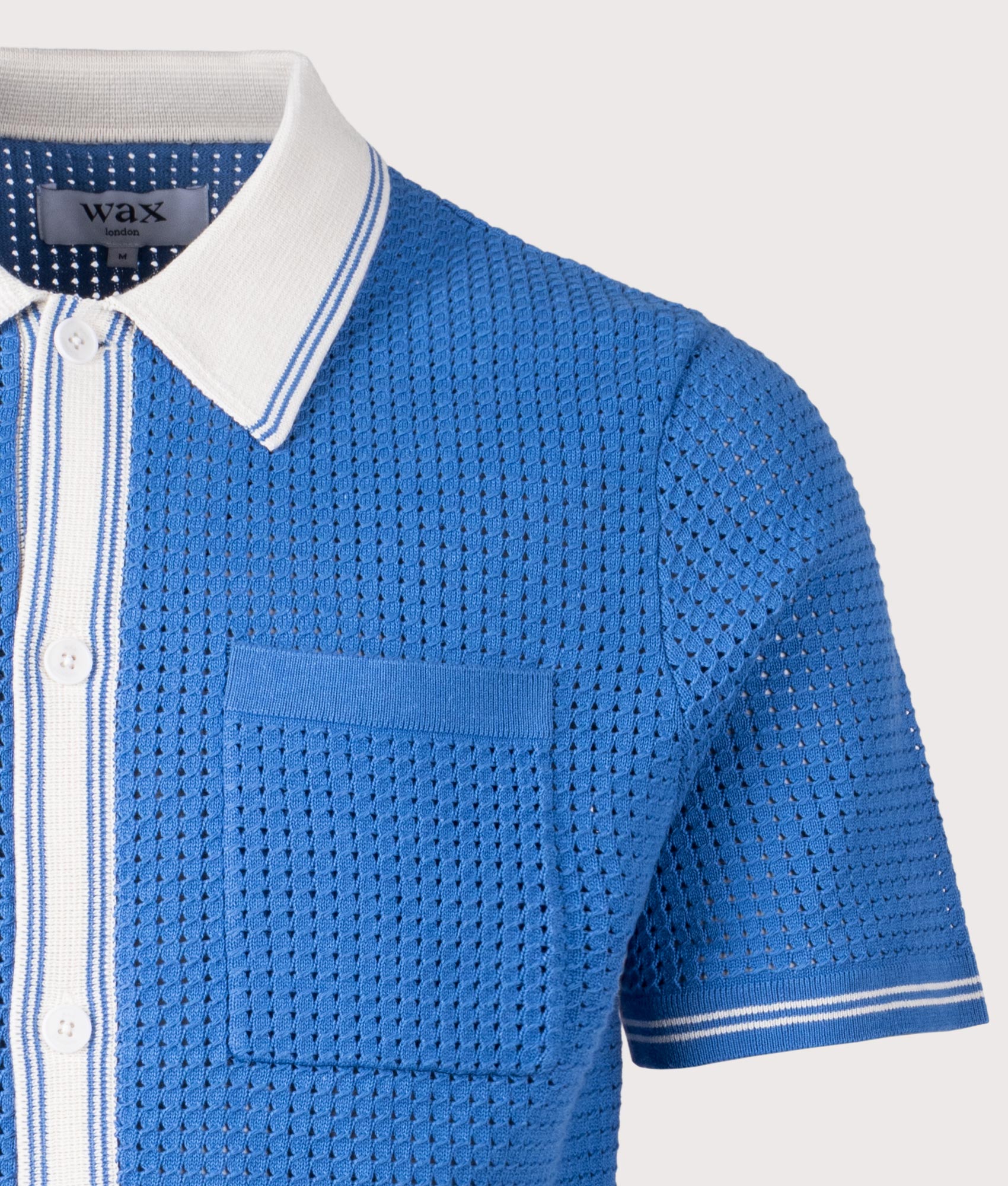 Wax London Belle Tipped Pointelle Short Sleeve Shirt in Blue and Ecru at EQVVS Menswear. Detail shot.