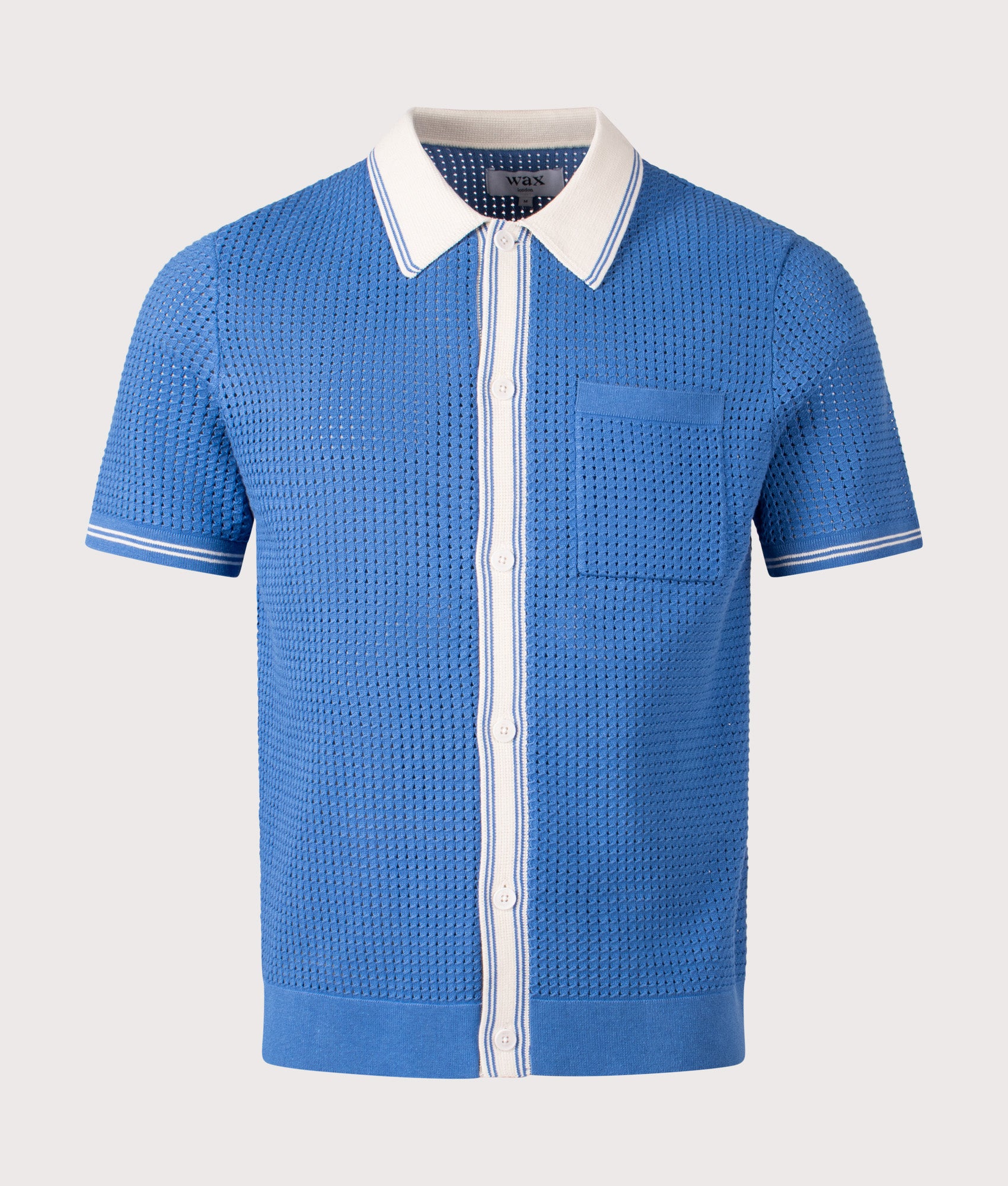 Wax London Belle Tipped Pointelle Short Sleeve Shirt in Blue and Ecru at EQVVS Menswear. Front shot.