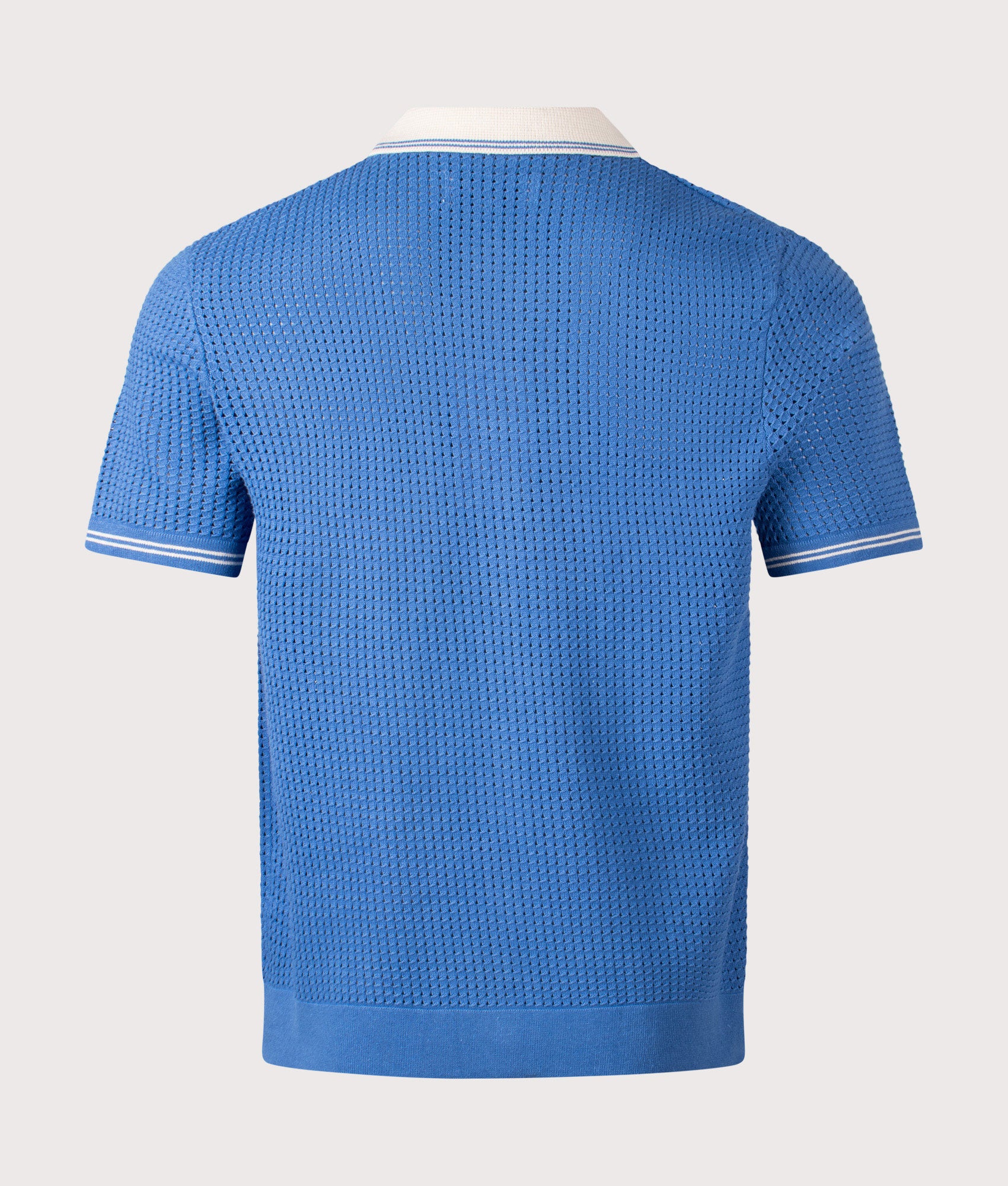 Wax London Belle Tipped Pointelle Short Sleeve Shirt in Blue and Ecru at EQVVS Menswear. Back shot.