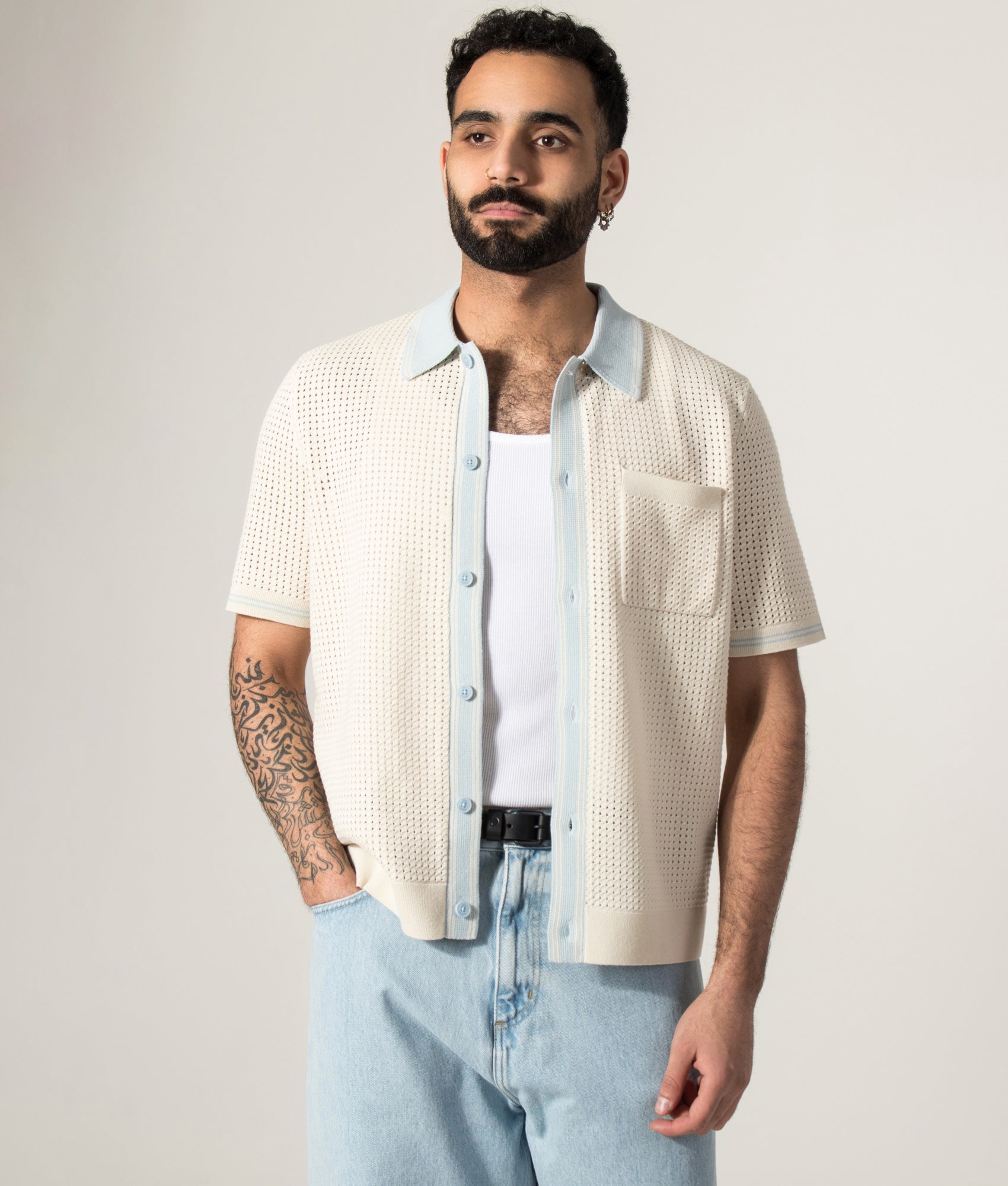 Wax London Belle Tipped Pointelle Short Sleeve Shirt in Ecru and Pale Blue at EQVVS Menswear. Model front shot.