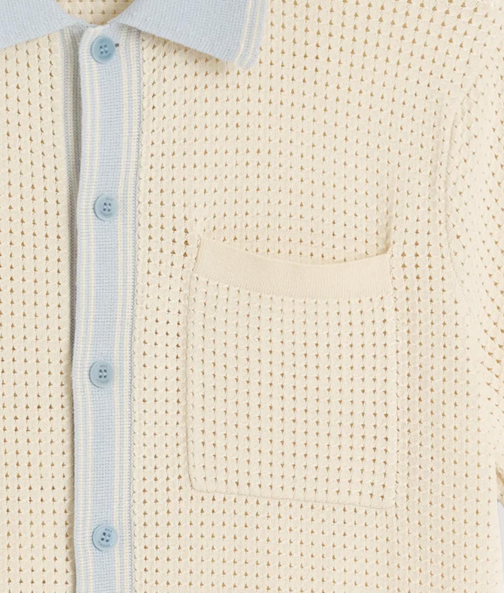Wax London Belle Tipped Pointelle Short Sleeve Shirt in Ecru and Pale Blue at EQVVS Menswear. Detail shot.