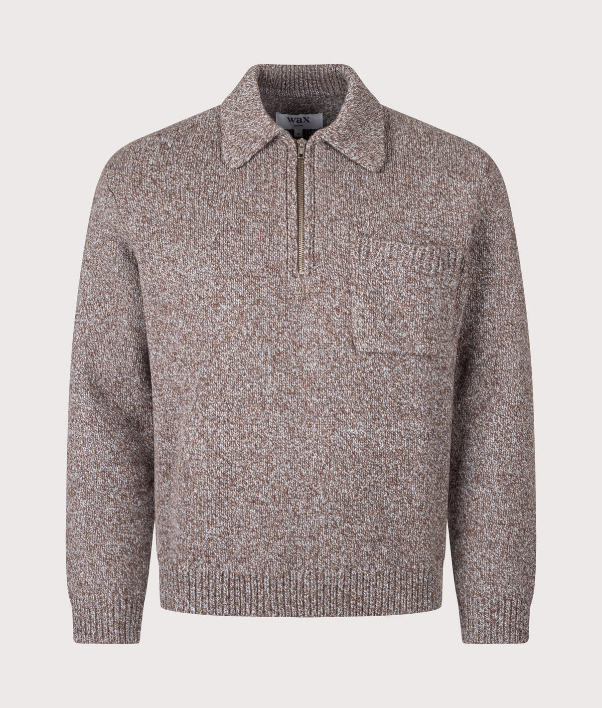 Wax London Relaxed Fit Alpha Fleck Twist Long Sleeve Zip Polo Shirt in Brown and Grey at EQVVS Menswear. Front shot.