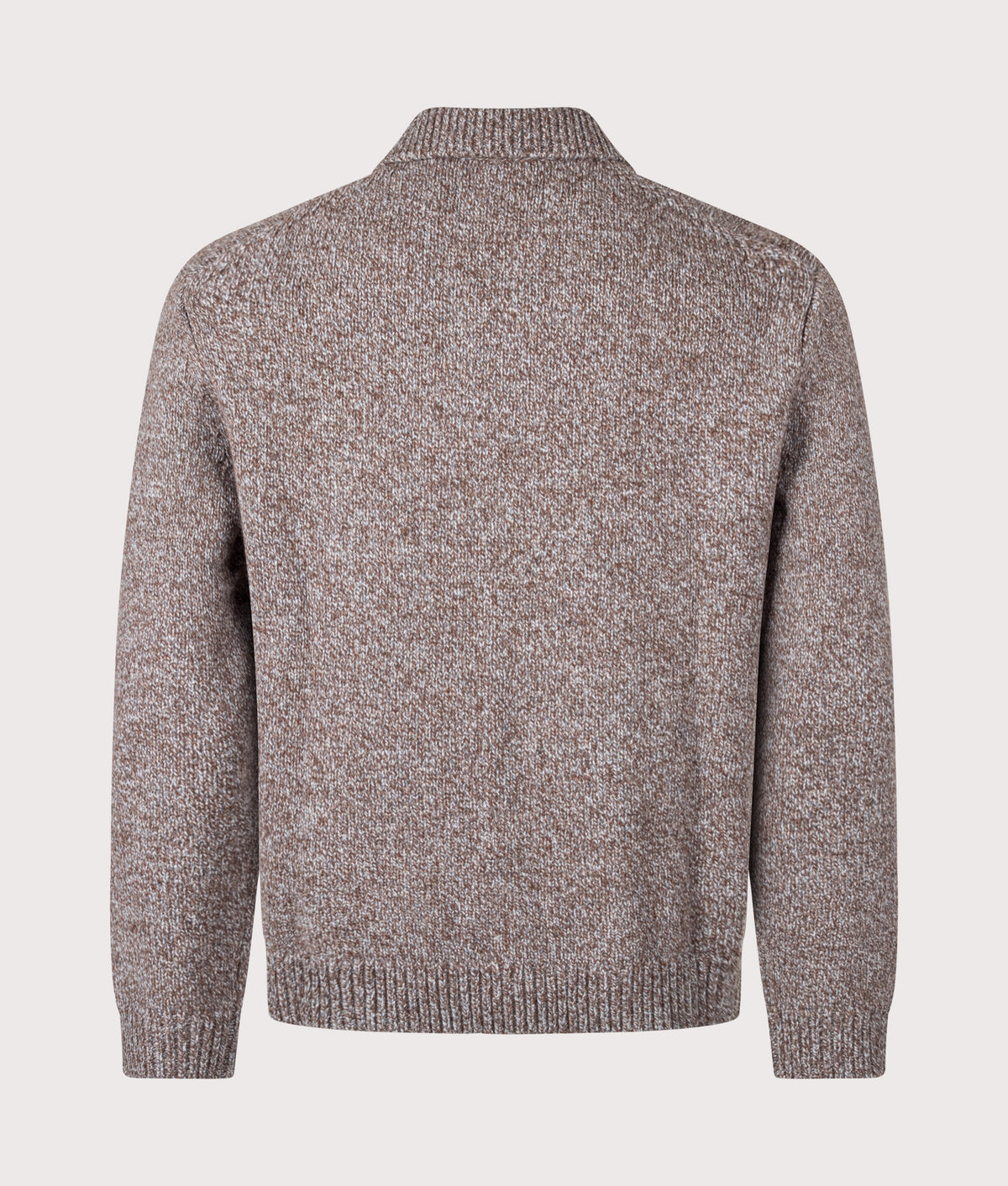 Wax London Relaxed Fit Alpha Fleck Twist Long Sleeve Zip Polo Shirt in Brown and Grey at EQVVS Menswear. Back shot.