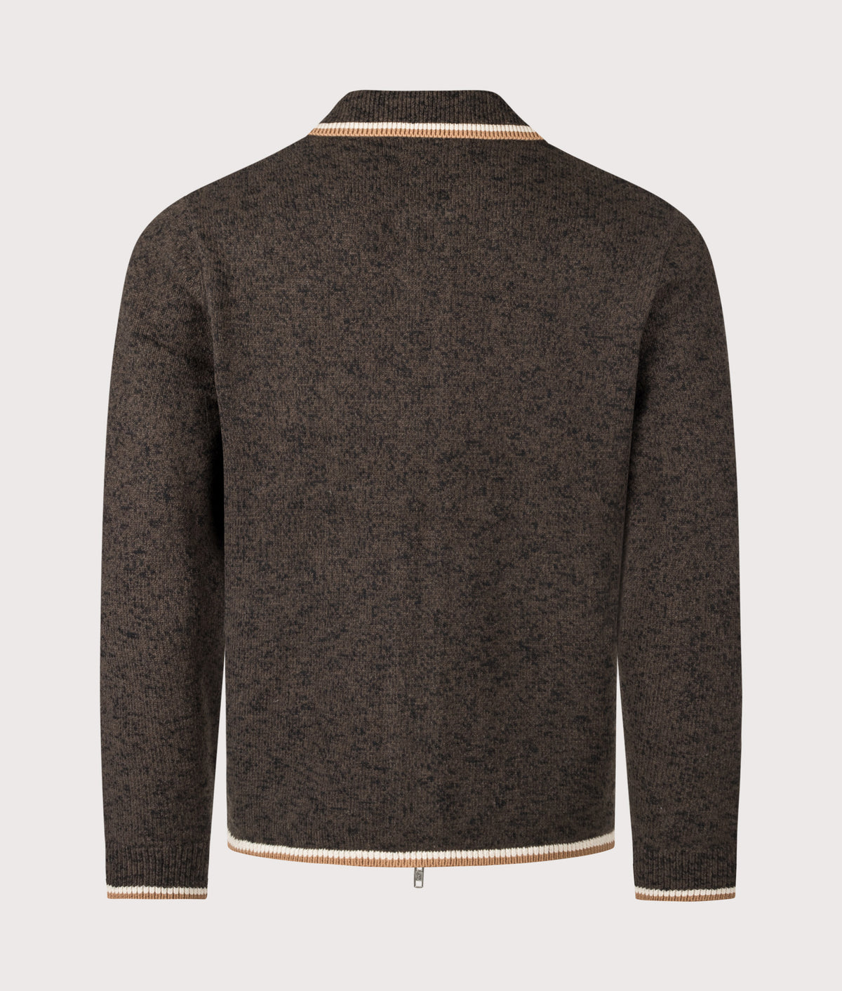 Wax London Lennox Fleck Long Sleeve Knitted Polo Shirt in Brown and Natural at EQVVS Menswear. Back shot.