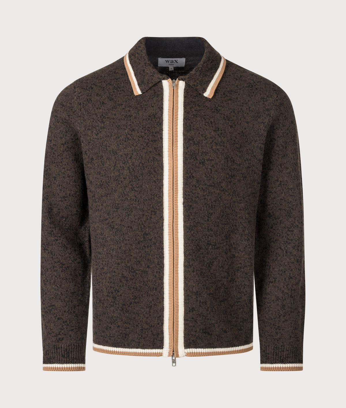 Wax London Lennox Fleck Long Sleeve Knitted Polo Shirt in Brown and Natural at EQVVS Menswear. Front shot.