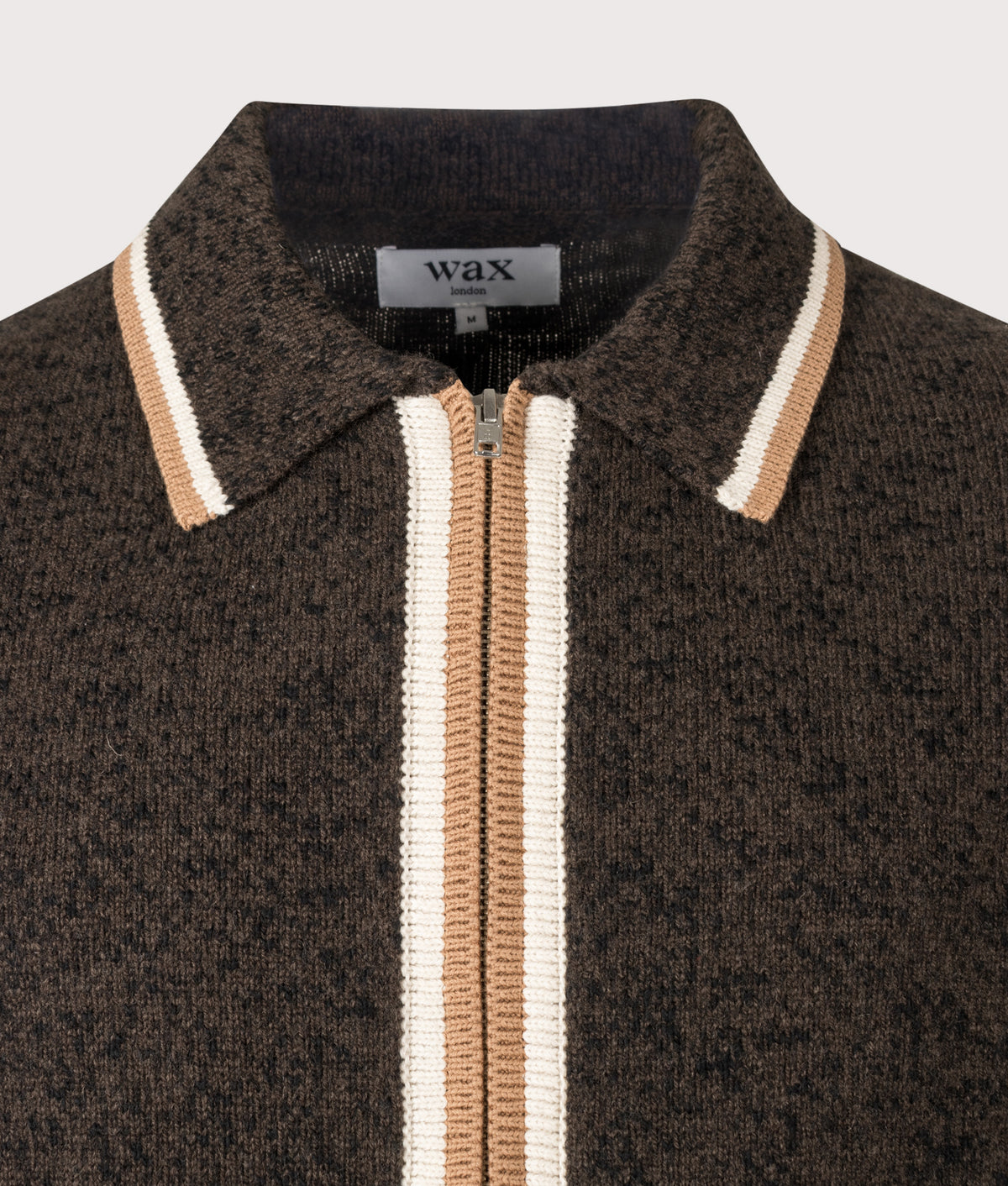 Wax London Lennox Fleck Long Sleeve Knitted Polo Shirt in Brown and Natural at EQVVS Menswear. Detail shot.