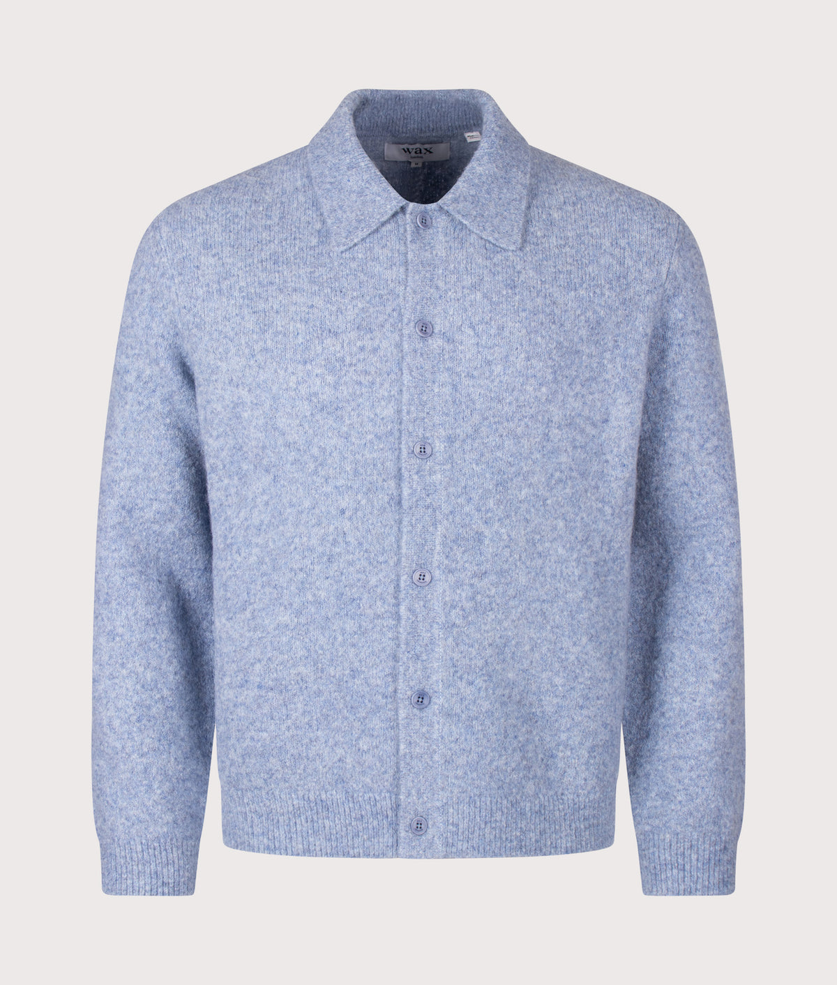Wax London Tristan Button Down Knitted Polo in Pale Blue at EQVVS Menswear. Front shot.