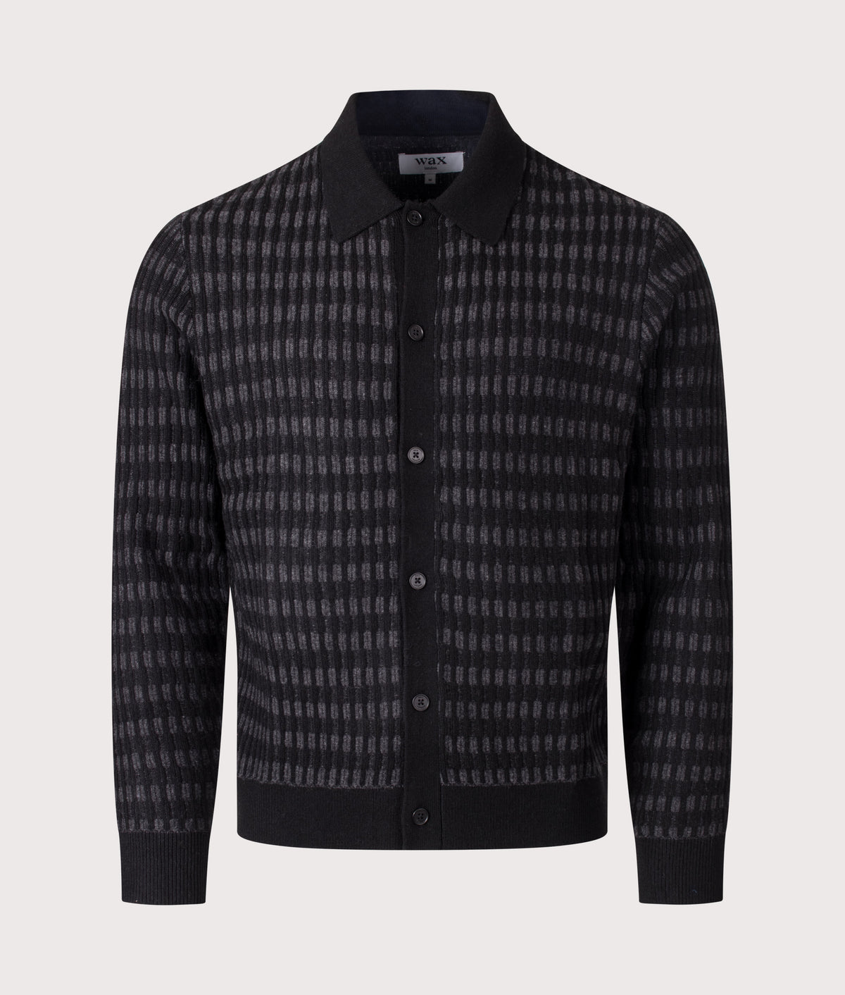 Wax London Tristan Rib Check Button Down Knitted Polo in Black and Charcoal at EQVVS Menswear. Front shot.