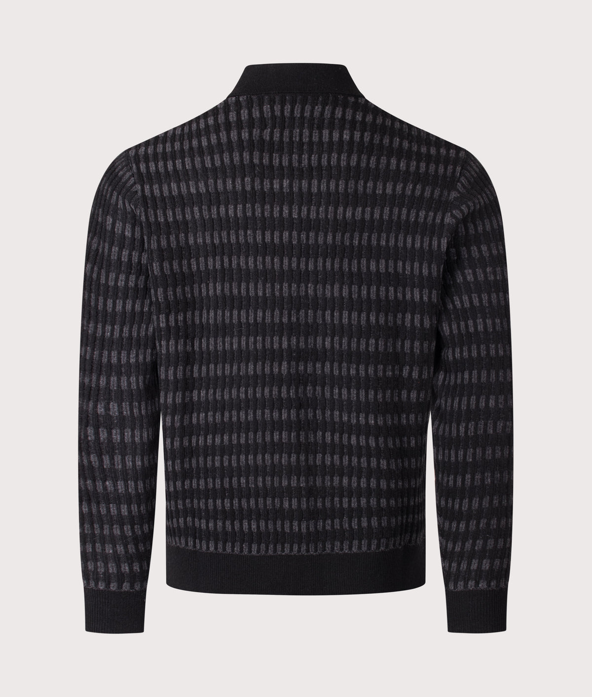 Wax London Tristan Rib Check Button Down Knitted Polo in Black and Charcoal at EQVVS Menswear. Back shot.