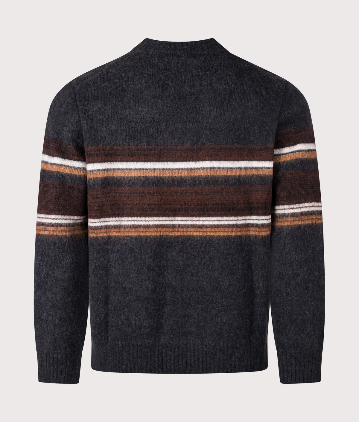 Wax London Relaxed Fit Wilde Bold Stripe Crewneck Jumper in Charcoal/Brown at EQVVS Menswear. Back shot.
