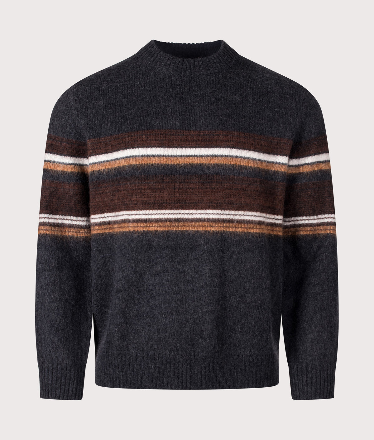 Wax London Relaxed Fit Wilde Bold Stripe Crewneck Jumper in Charcoal/Brown at EQVVS Menswear. Front shot.