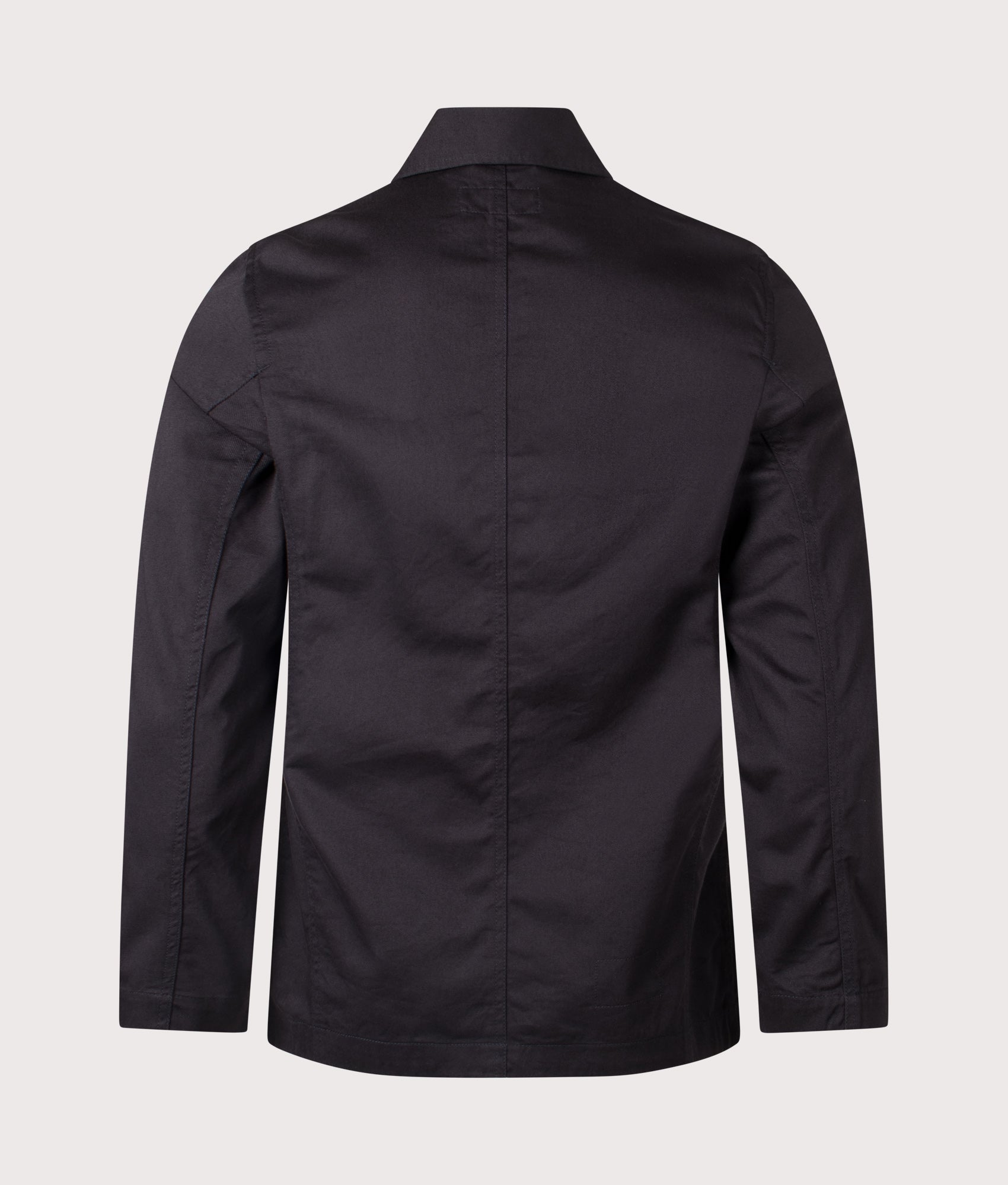 Universal Works Baker Jacket in Black at EQVVS Menswear. Back shot.