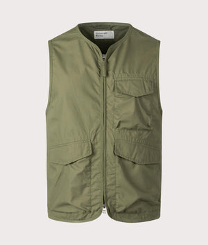 Parachute Liner Gilet in Olive by Universal Works. EQVVS front angle shot.