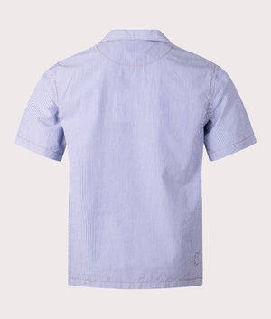 Overhead Shirt in Navy White by Universal Works. EQVVS back angle shot.