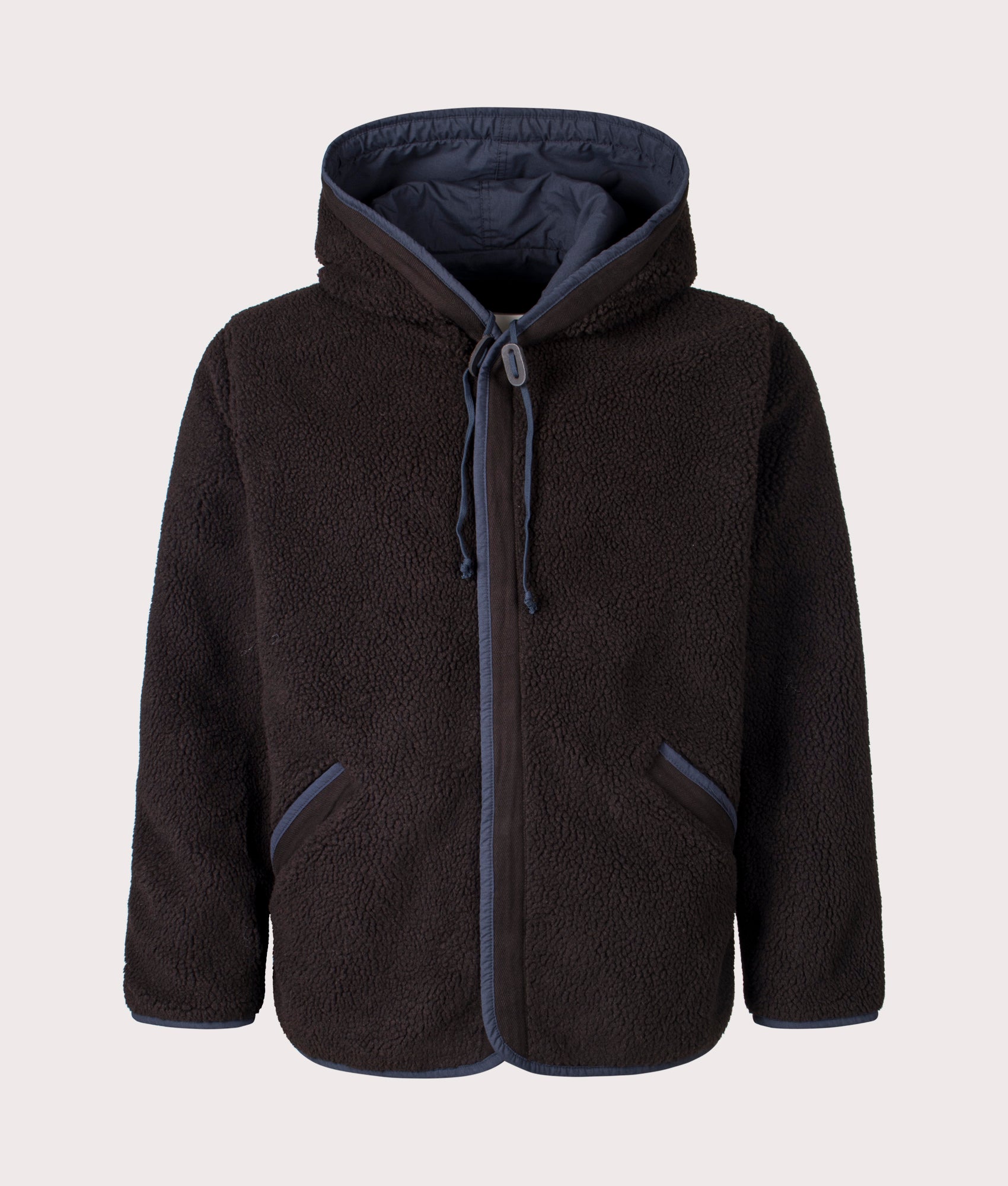 Universal Works Reversible Simple Hooded Jacket in Navy and brown fleece. Reversed Front Shot at EQVVS