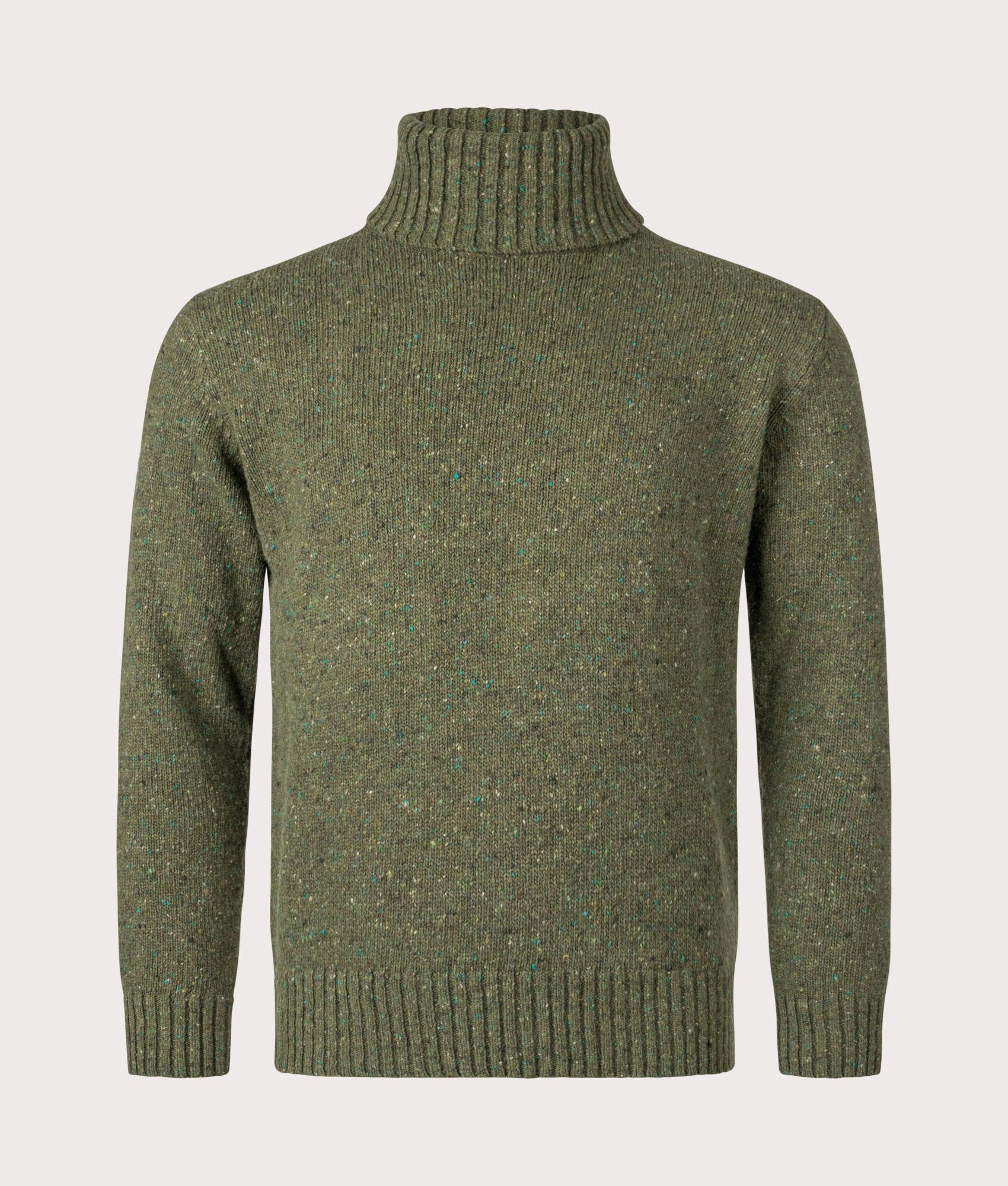 Tweed Knit Roll Neck Jumper in Green by Universal Works. Shot at EQVVS. Front shot. 