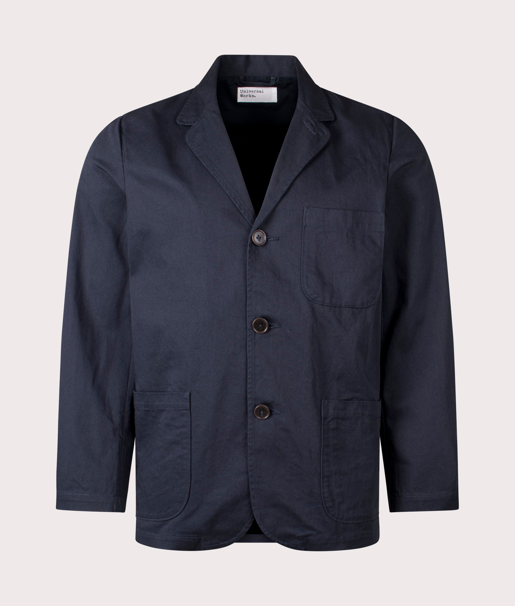 Universal Works Three Button Jacket in Navy at EQVVS Menswear. Front shot.