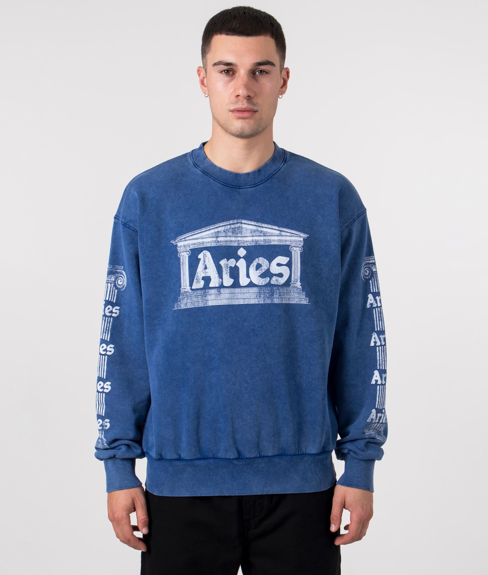 Aries Aged Ancient Column Sweatshirt in Blue at EQVVS Model Front Shot