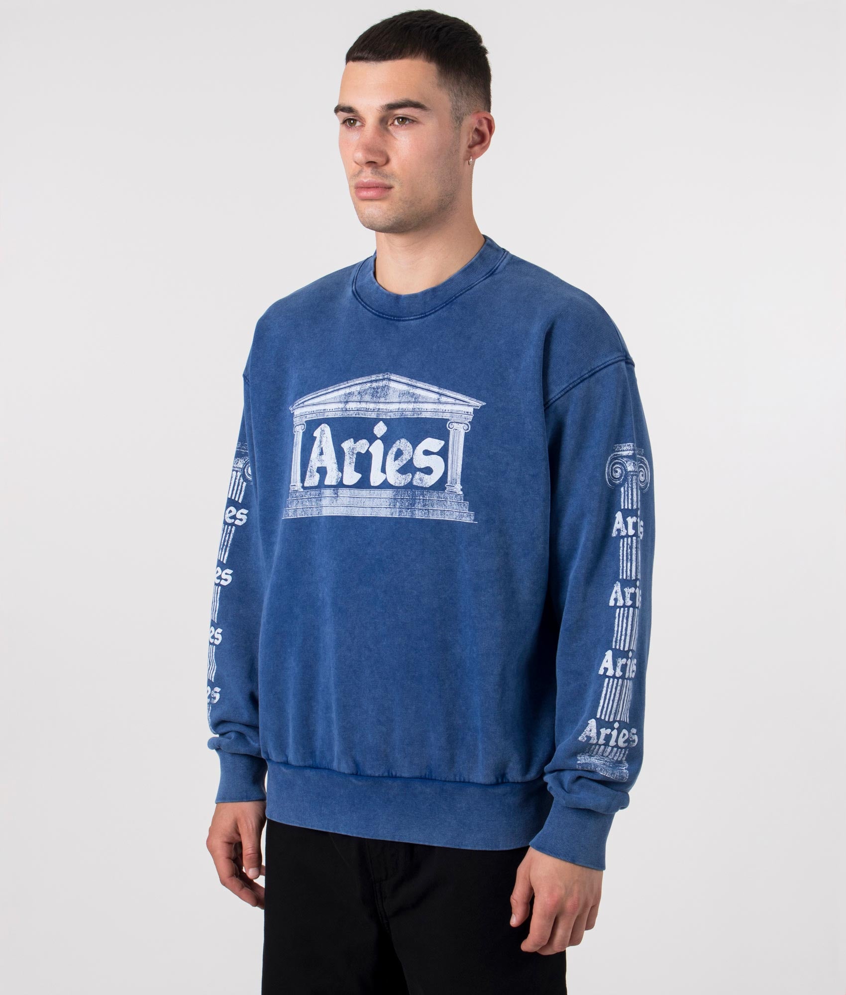 Aries Aged Ancient Column Sweatshirt in Blue at EQVVS Model Angle Shot