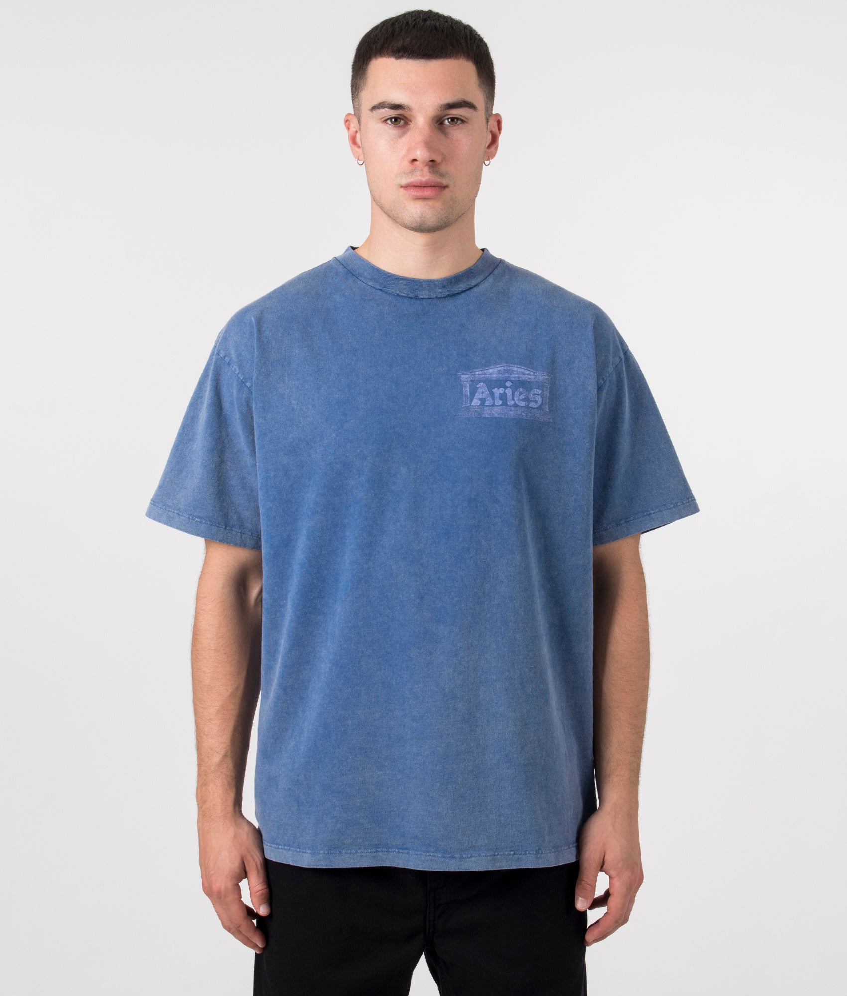 Aged Ancient Temple T-Shirt in Blue by Aries. EQVVS Model Shot. 