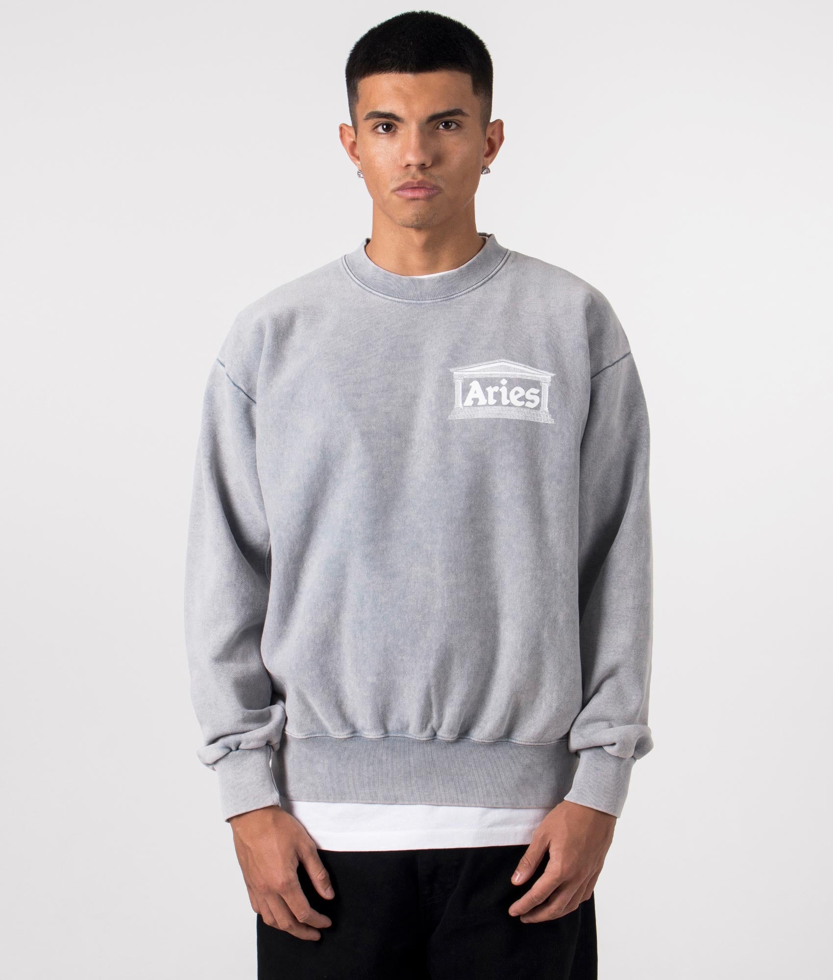 Premium Aged Temple Sweatshirt in Grey by Aries. EQVVS Menswear Front Model Shot. 