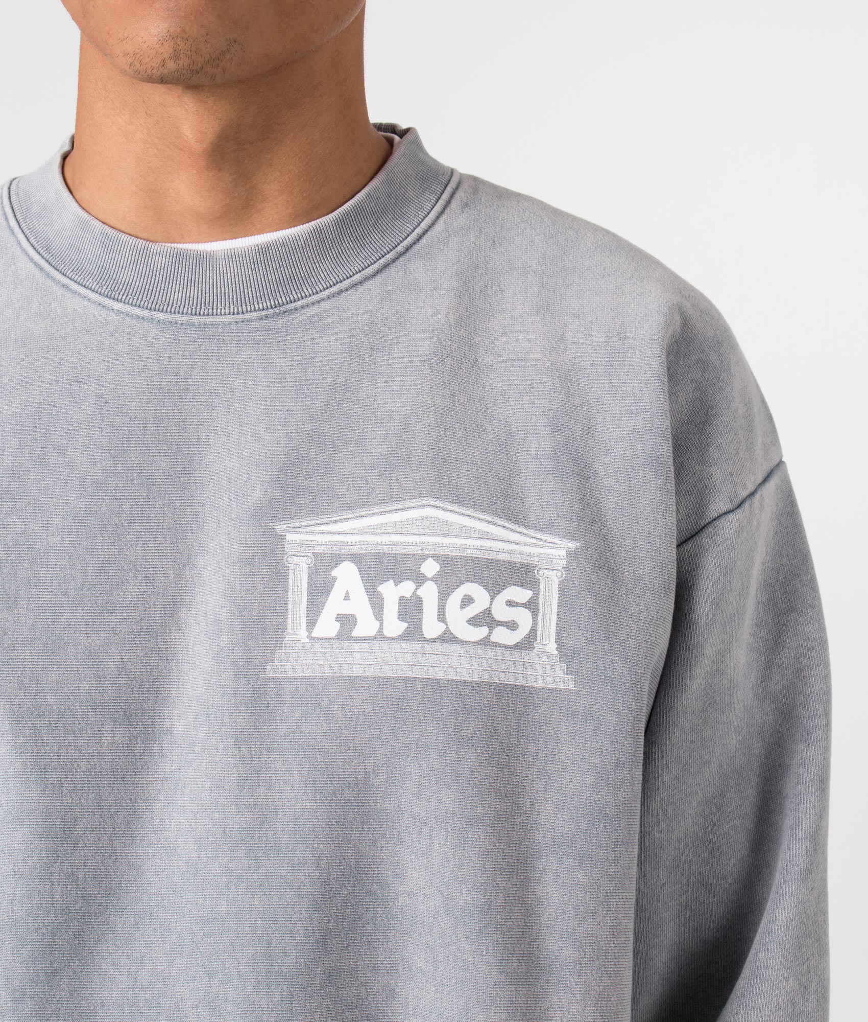 Premium Aged Temple Sweatshirt in Grey by Aries. EQVVS Menswear Front Detail Model Shot. 