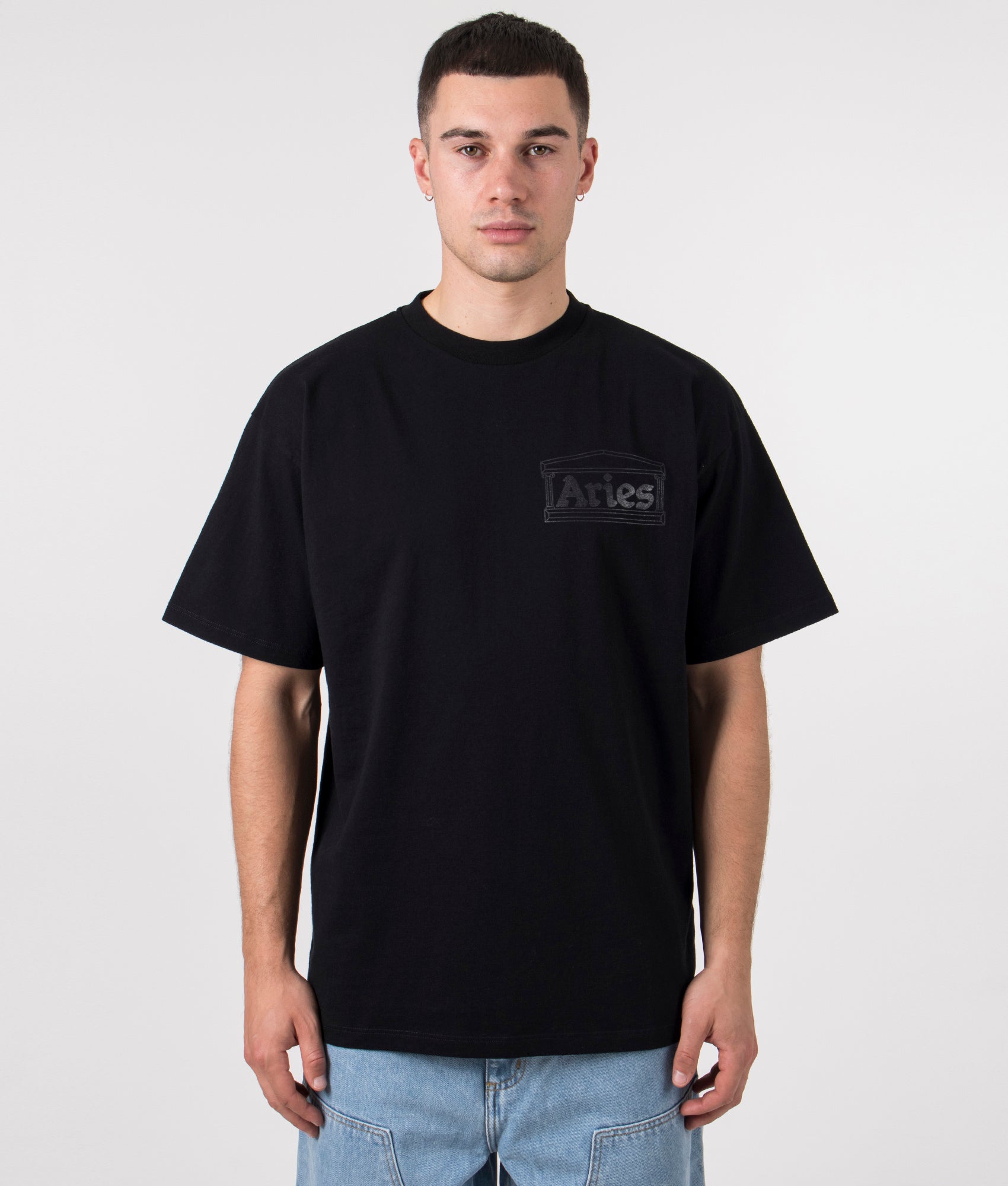 Temple T-Shirt in Black by Aries. EQVVS Model Shot.