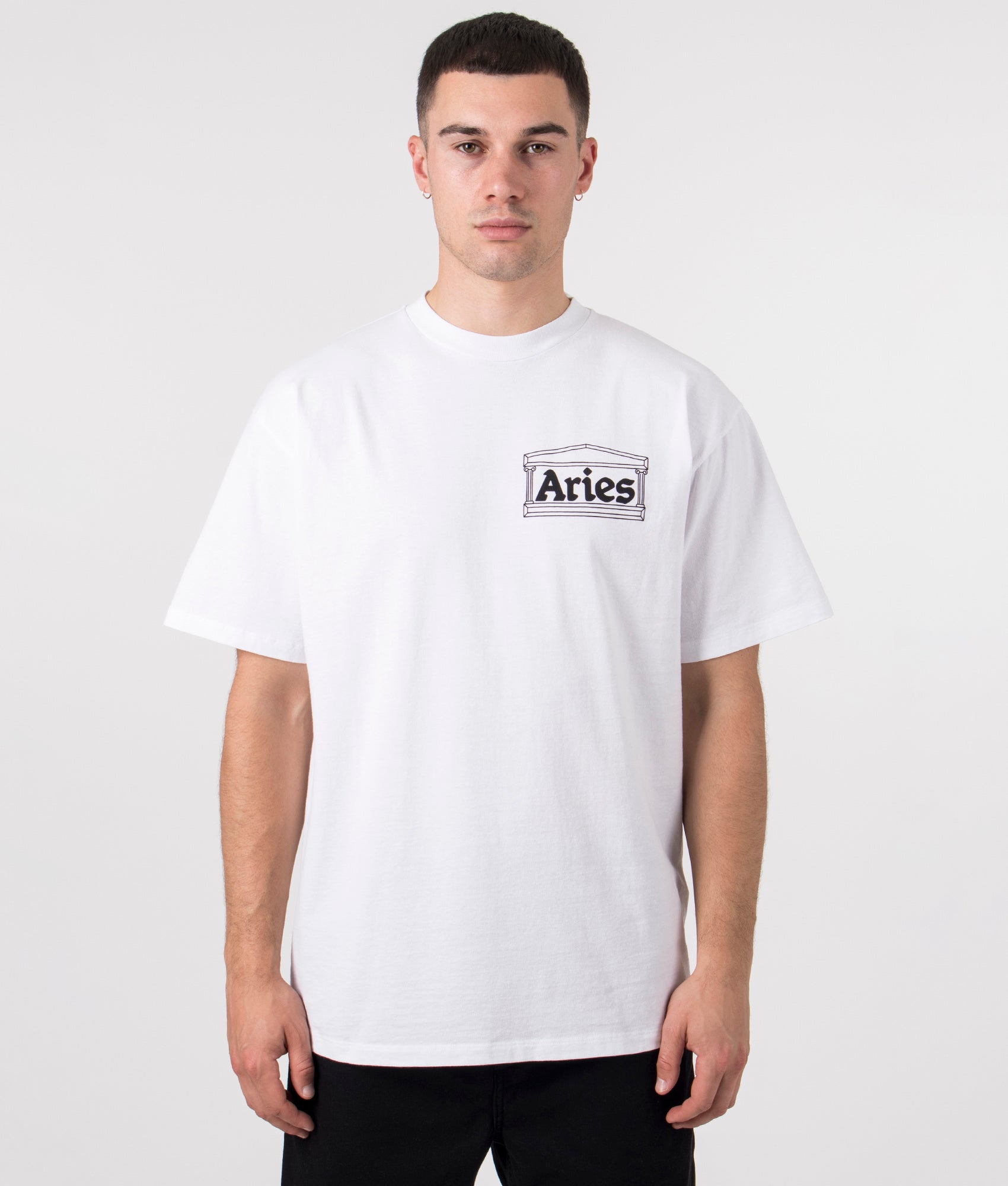 Temple T-Shirt in White by Aries. EQVVS Model Shot. 