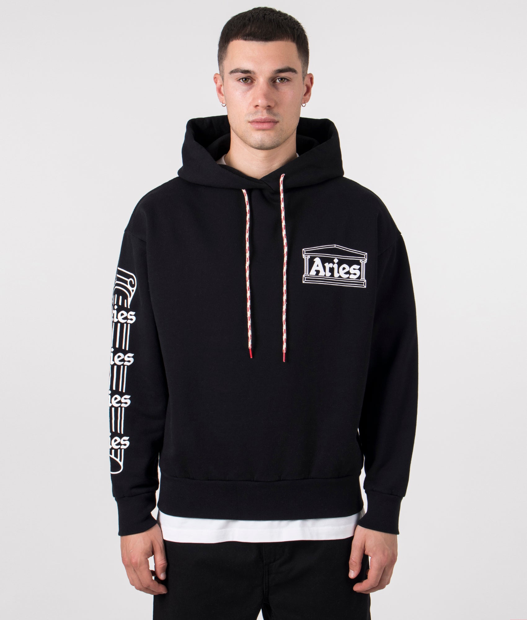 Aries Column Hoodie in Black with White Branding at EQVVS Model Front Shot