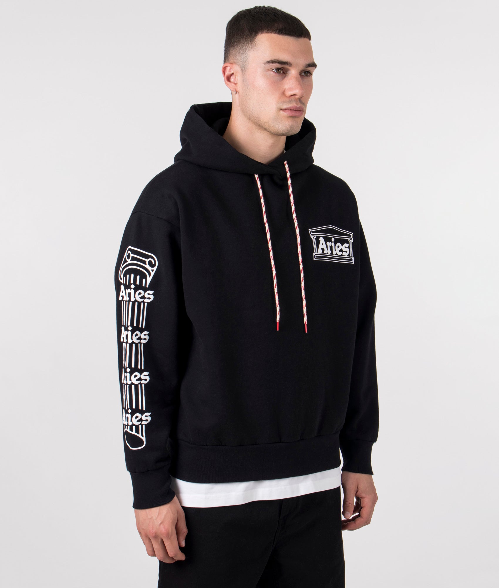 Aries Column Hoodie in Black with White Branding at EQVVS Model Angle Shot