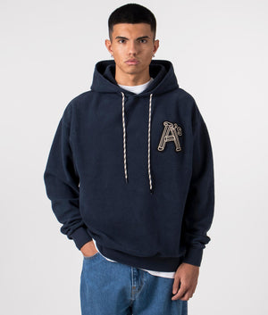 Reverse Column A Hoodie in Navy by Aries. EQVVS Menswear Front Model Shot. 