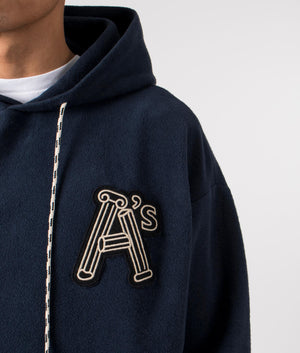 Reverse Column A Hoodie in Navy by Aries. EQVVS Menswear Front Detail Model Shot. 