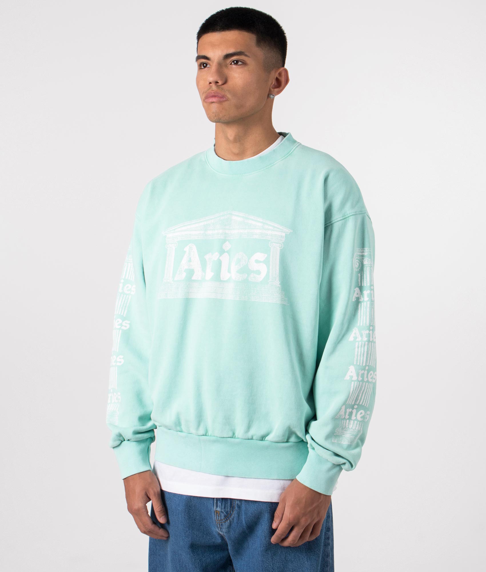 Aged Ancient Column Sweatshirt in Aqua by Aries. EQVVS Menswear Front  Side Model Shot.