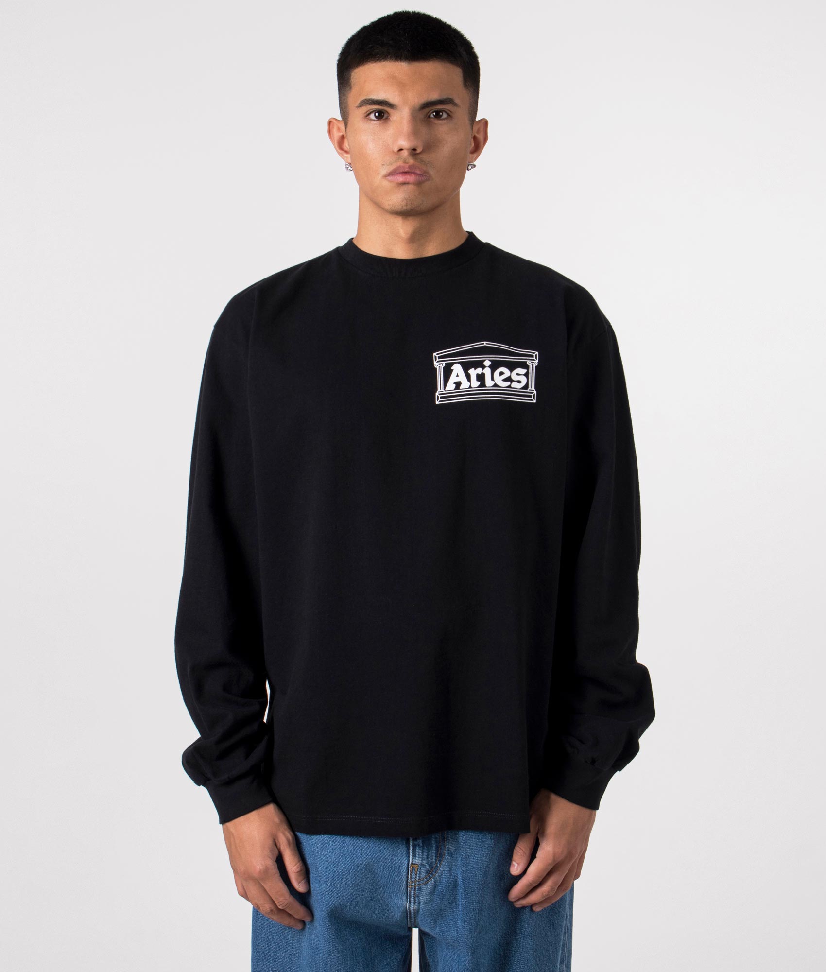 Temple Long Sleeve T-Shirt in Black by Aries. EQVVS Menswear Front Model Shot. 